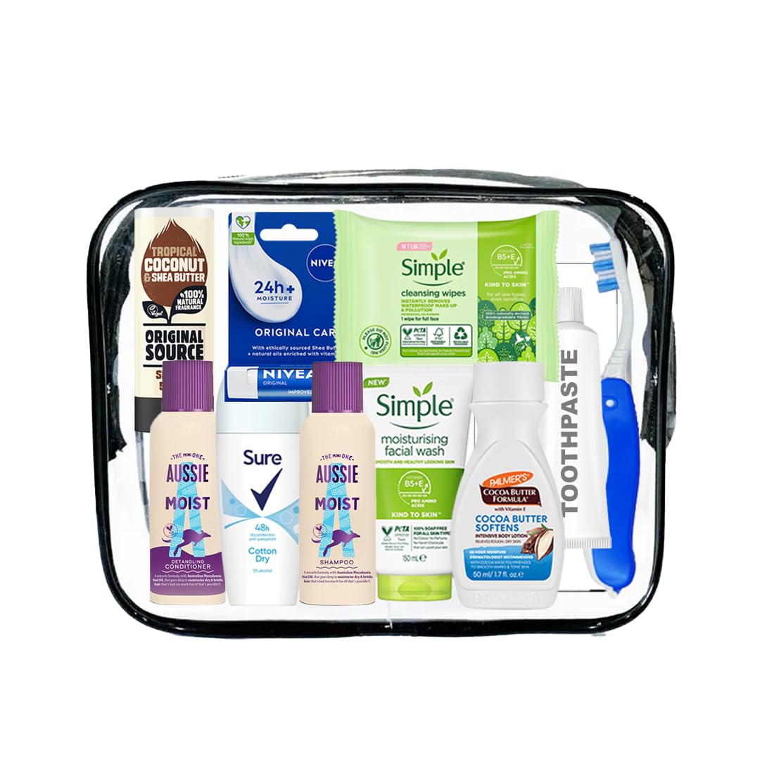 Set di articoli da toeletta da viaggio per donne, mini kit di articoli da toeletta per vacanze, ospedale, pernottamenti, approvato dalla sicurezza aeroportuale, dimensioni da viaggio con borsa di