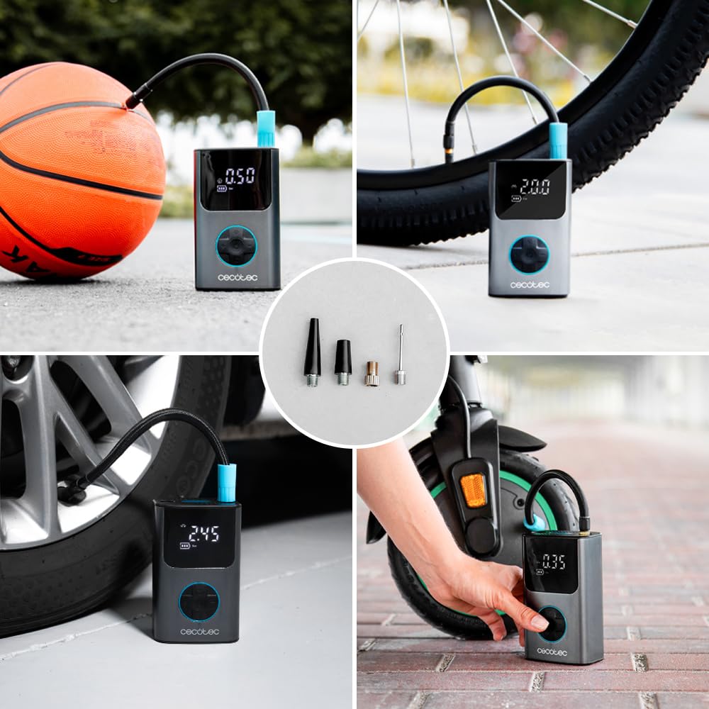 Cecotec Compresseur d'air électrique portable Air Max, Gonfleur 150 PSI, Double batterie 7,4 V et 2000 mAh, Lampe LED, écran LCD, Adapté pour voiture, moto, vélo, trottinette et ballons