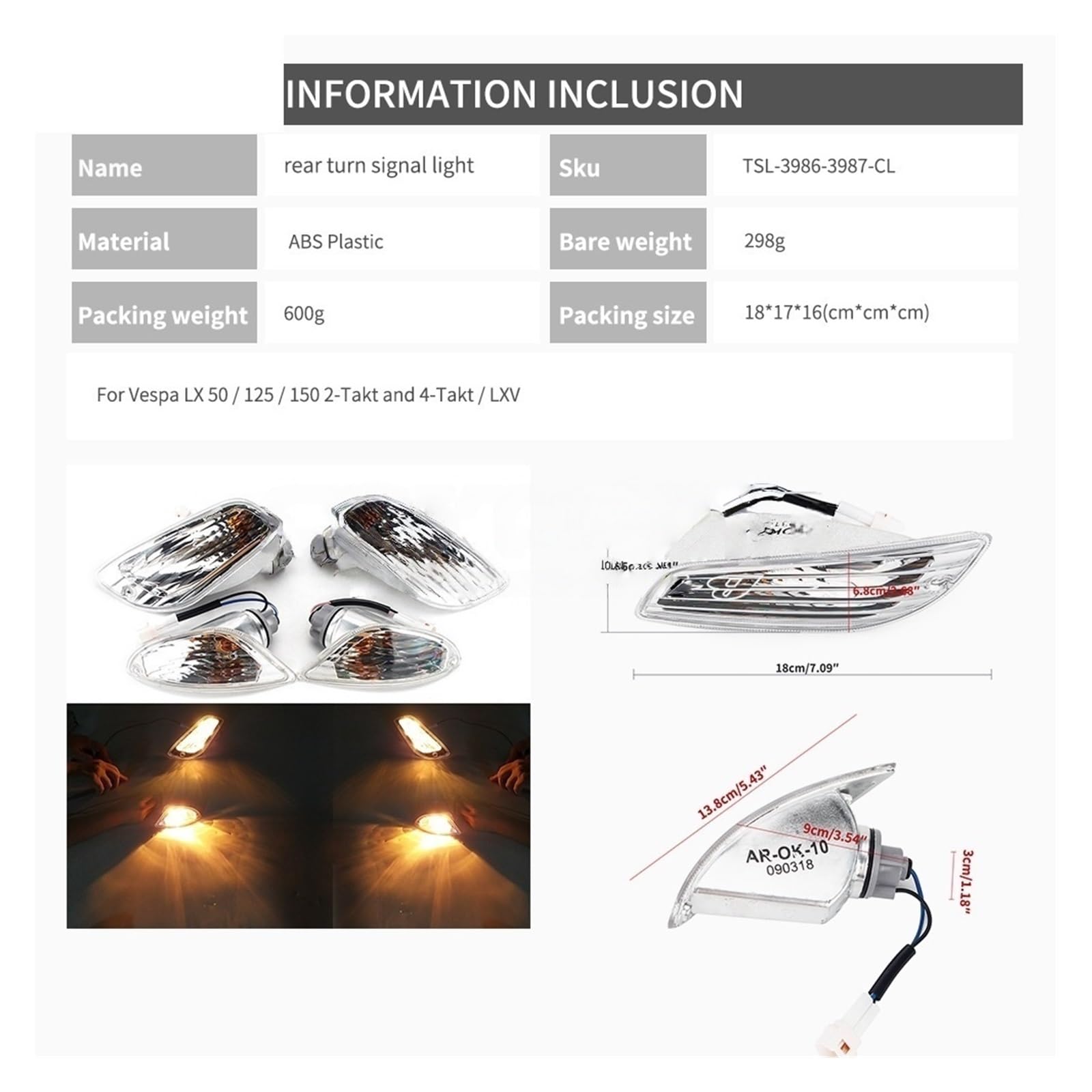 Luz Trasera para Scooter LX 50 125 150 S50 S125 S150 LXV, luz de señalización Delantera Trasera Intermitente luz indicadora Trasera para Motocicleta Lámpara traseras
