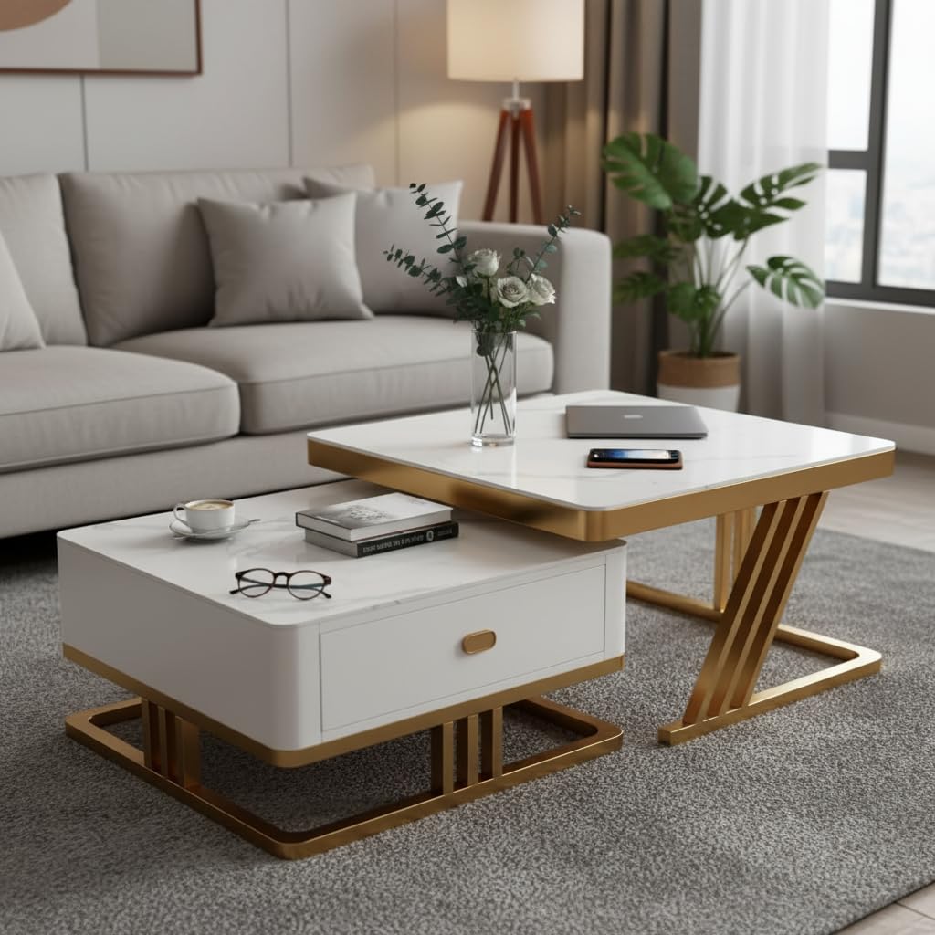 RIZIK Stores™ Iron Frame Handmade Drawer Square Coffee Table/Nesting Table/Side Table/Center Table with Engineered Wood Top for Living Room/Drawing Room/Balcony (White Gold, 30"x30")