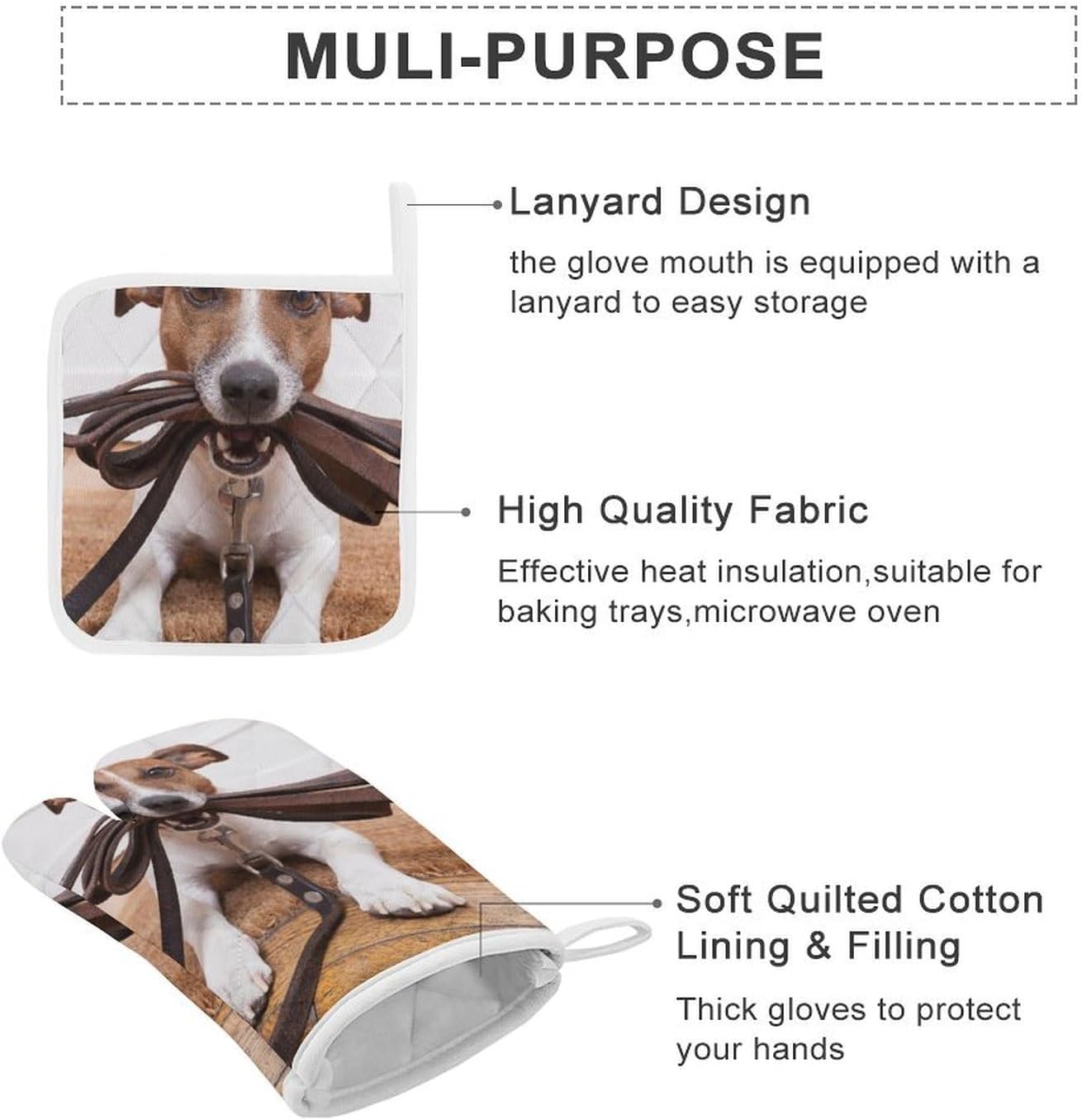Cute Jack Russell Terrier Dogs Print Oven Mitts and Pot Holders 3 Piece Sets Heat Resistant Gloves Hot Pads Potholders for Kitchen Baking Cooking