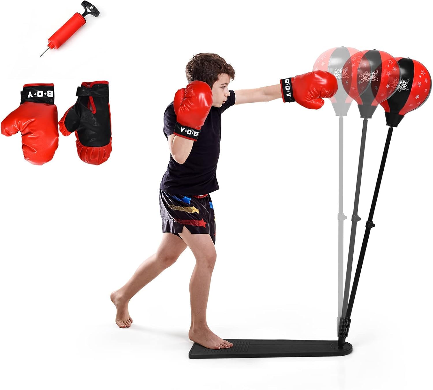 GYMAX Juego de Boxeo 85-130 cm Regulable en Altura, Set de Boxeo con Guantes y Bomba, Soporte de Boxeo con Pedal Antideslizante, Saco de Boxeo Fijo para Niños y Adolescentes a Partir de 8 Años
