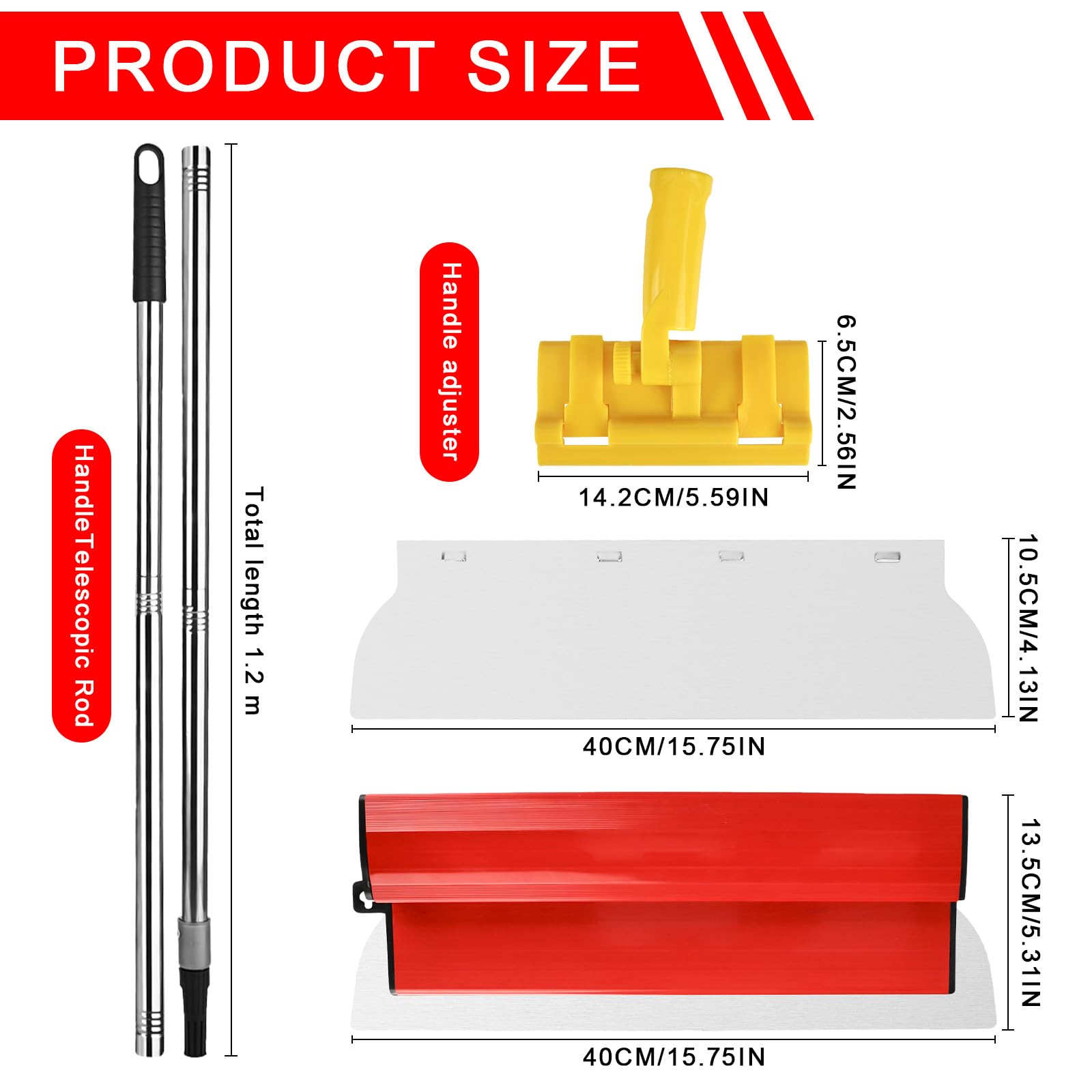 Set di spatole 40 cm, lame in acciaio inox, manici Z e prolunga 1,2 m, per cartongesso, decorazione e grandi aree di lavoro