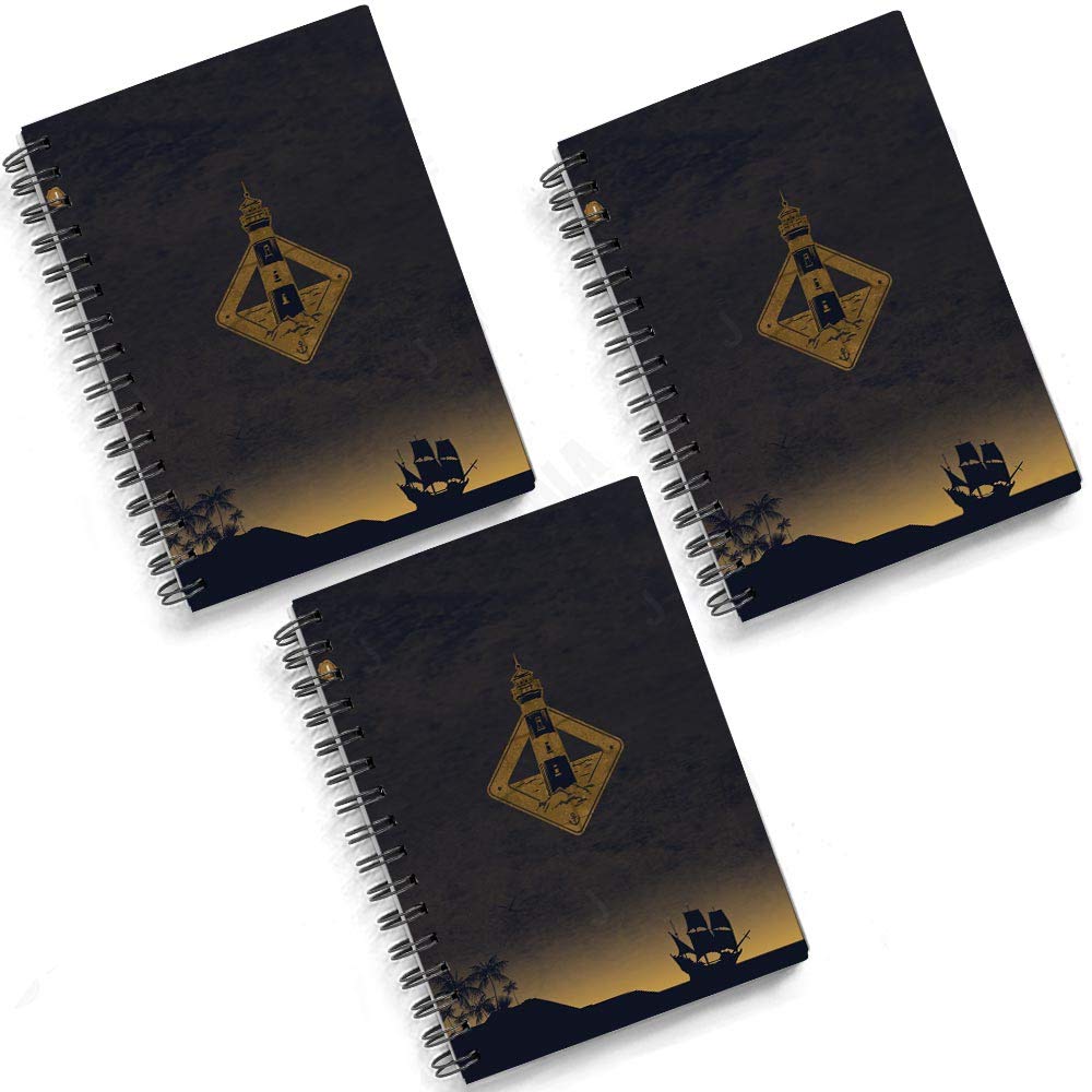 Jhingalala Rusty Design Hard Wire Bound A5 Spiral Diary Notebook, Size 20 x 14.5 cm, 80 GSM, 3x190 Pages, Pack of 3 (Lighthouse, Ruled)