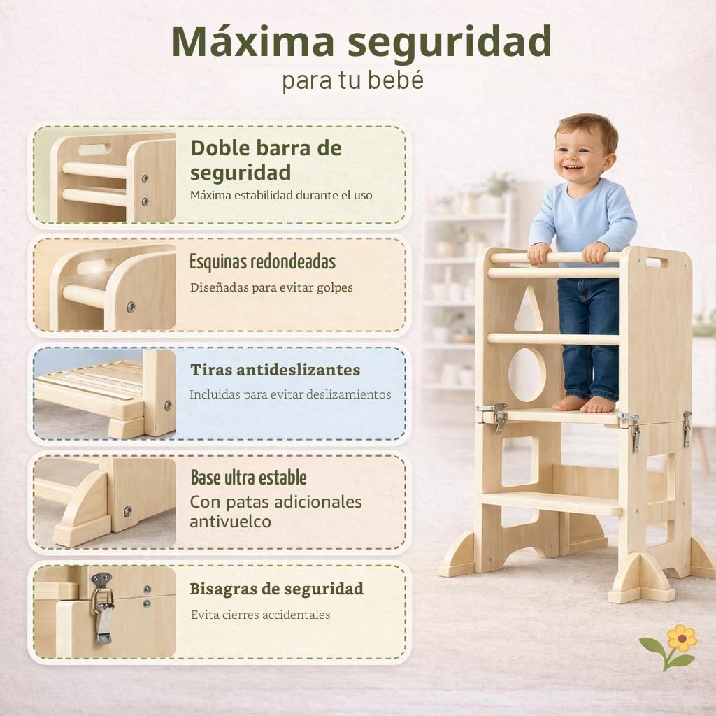 Torre de Aprendizaje Plegable 3 en 1 de Madera - Escalera Montessori Estable, Pizarra y Mesa Infantil Desde 18 Meses para Estimular Autonomía y Creatividad (120 Adhesivos Incluidos)
