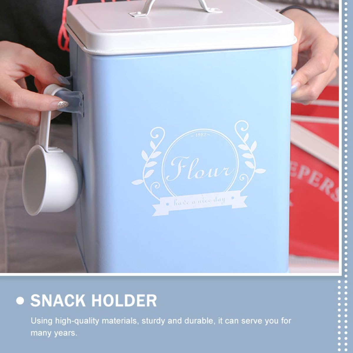 Luxshiny Rice Storage Bucket and Kitchen Organizing Box, Galvanized Iron Snack Container with Lid, Blue Grain Storage Bin for Pantry and Food Organization, 1pcs