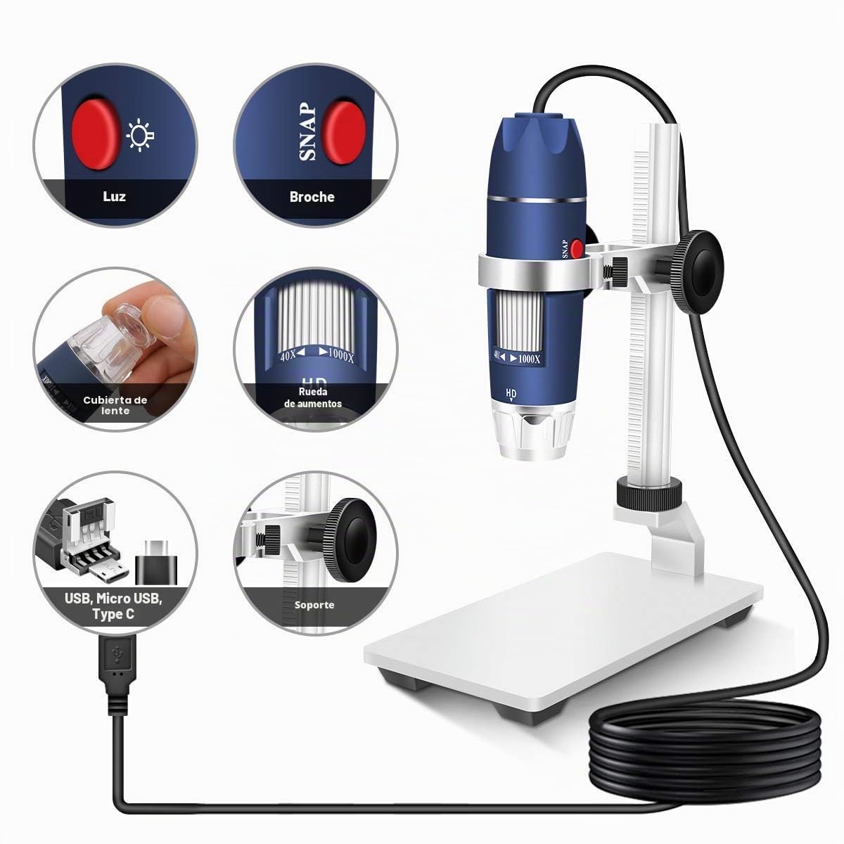 Jiusion Microscopio Digital HD 2MP USB 40-1000X con Aumento portátil cámara endoscopio con 8 LED aleación de Aluminio Soporte Estable para OTG Android Mac Windows 7 8 10 11 Linux | Endoscopio 8 LED Soporte Estable Aleación de Aluminio para OTG Android Mac