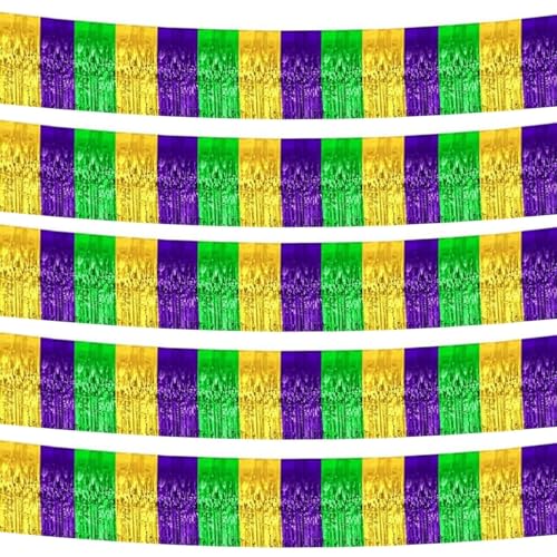 Image of 5 Pack 10 Feet Mardi Gras Foil Fringe Garland Mardi Gras Parade Float Fringe Metallic Streamers Tinsel Fringe Banner for Birthday Party Decor St Patrick Halloween Christmas Decoration