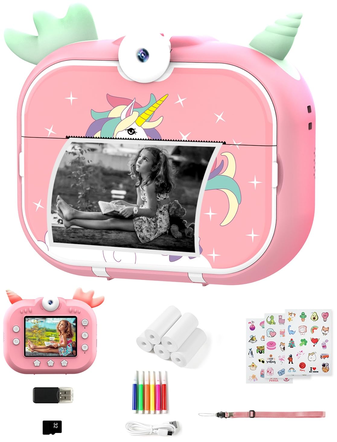 Robofun Appareil Photo Enfant Instantané, 2.4" 1080P HD Appareil Photo Instantané Numérique avec 5 Rouleaux de Papier à Imprimer, 48MP/180° Double Objectif, Cadeau pour Filles Garçons 3-12 Ans(Rose)