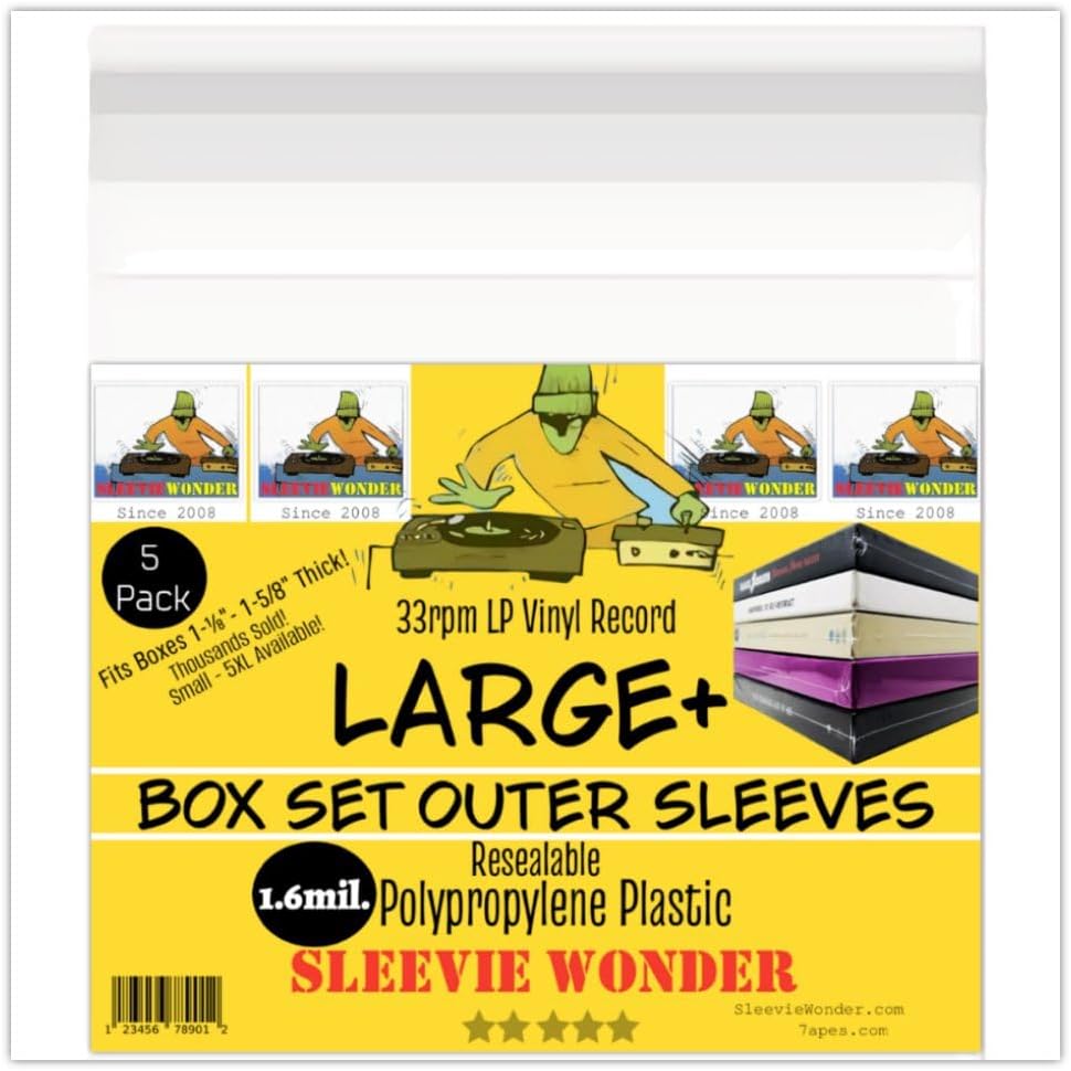 Large+ Box Set Outer Plastic Sleeves (x5) Clear Resealable 1.6mil + Seal Up Poly Bag Covers for 33rpm LP Vinyl Record Album Boxset Best Protects 1-1/8" - 1-5/8" Boxes (+1 Free Dj Sticker)