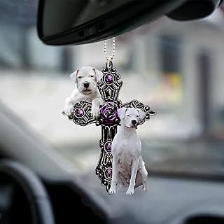 Lovely Dogo Argentino Dog Catholic Cross God Follower Acrylic Ornament, Gift for Chirstian to Decor Car, 2D Decorative 2-Sided Flat Car Hanging Ornament