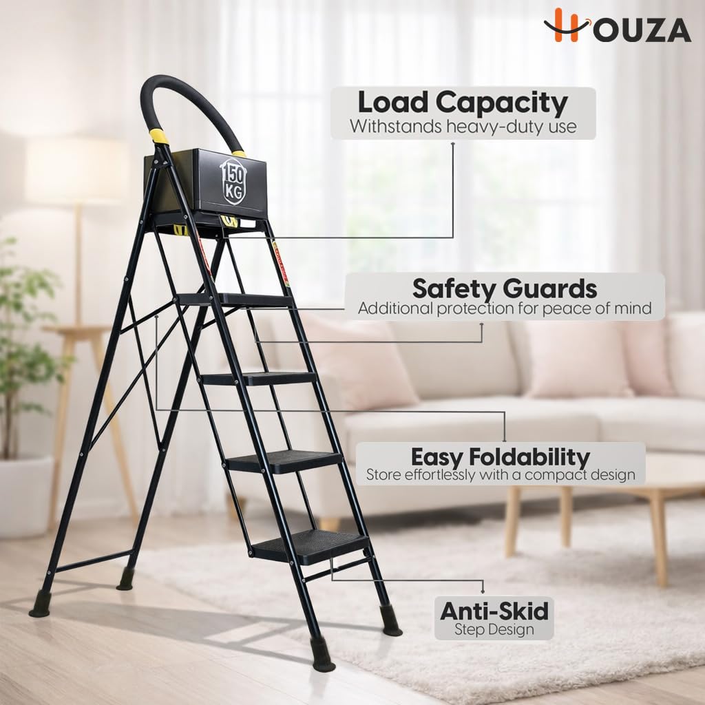 HOUZA Steel Ladder for Home 5 Steps Foldable with Anti-Skid Wide Steps (30cm x 20cm) | 5 Step Ladder for Home Use with Secure Lock | 150 Kg Load Capacity Folding Ladder | 5 Year Warranty (Black) — Amazon image 3