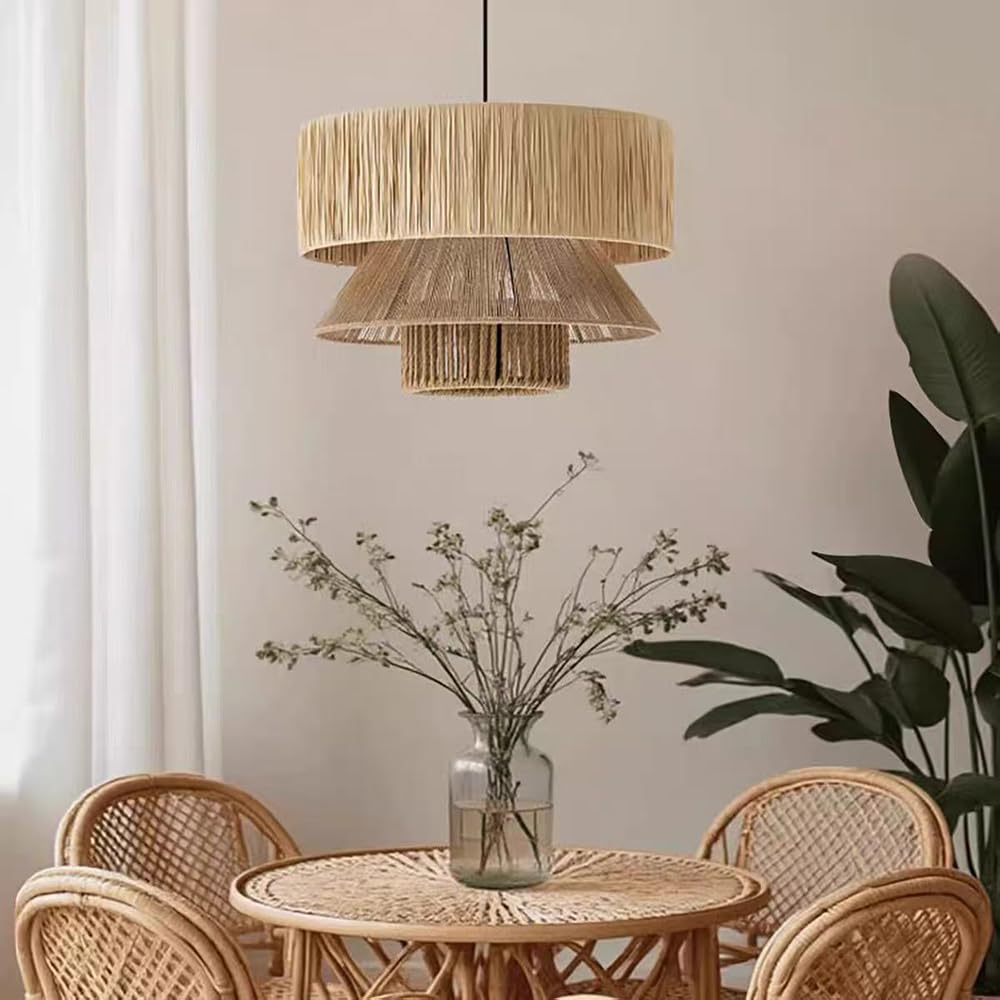 XQIDIANAA 23.6" Boho Rattan Chandelier,Handwoven Pendant Light with Adjustable Hanging Rod,Large Farmhouse Coastal Hanging Light Fixture for Dining Room,Kitchen Island,Living Room
