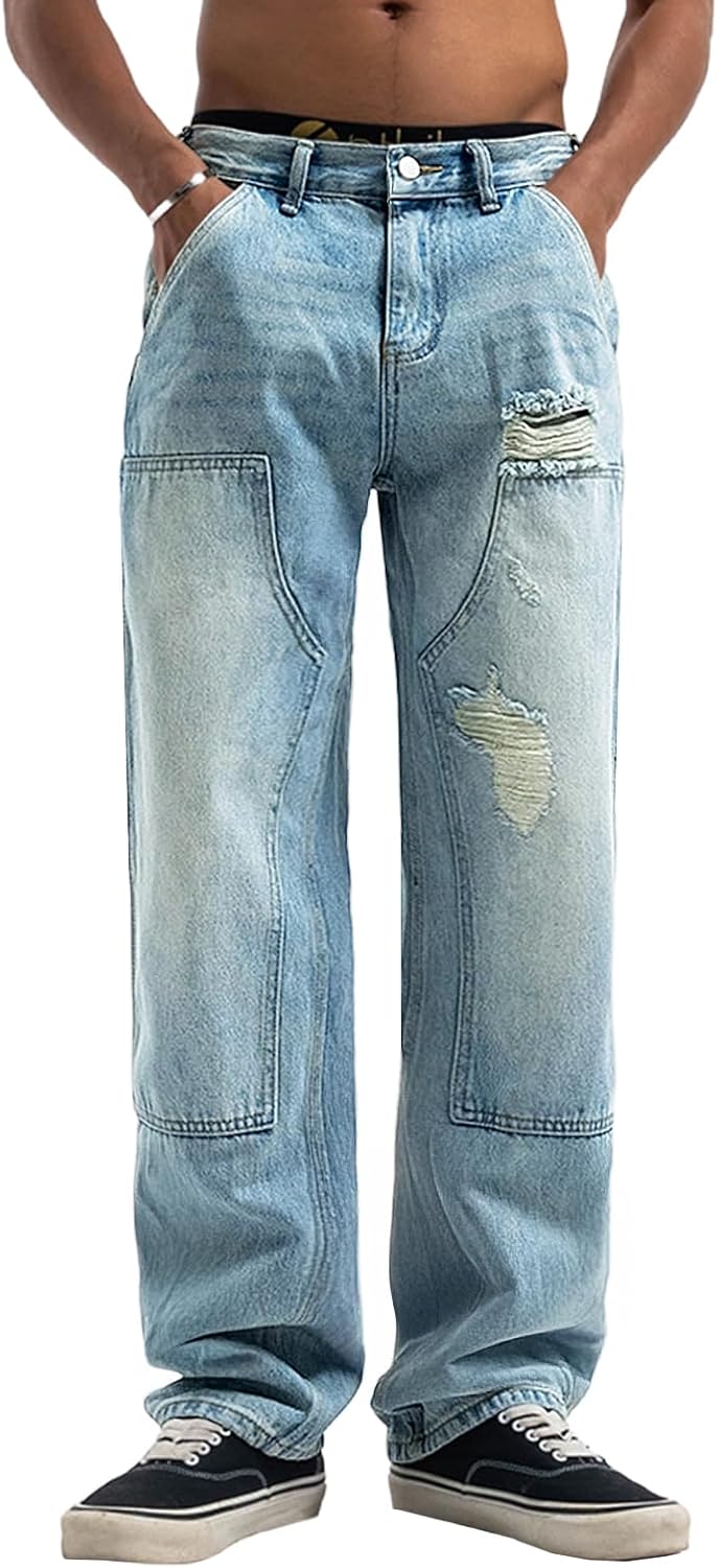 EMMIOL Men's Straight Leg Y2K Ripped Distressed Jeans, Baggy Jean Loose fit, Relaxed Skateboard Denim Pants with Holes - Image 2