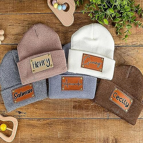 Personalized Leather Patch Baby Beanie Name Custom Beanie Cap Warm Knitted Beanie Hat for Newborns Kids Toddler Adults4