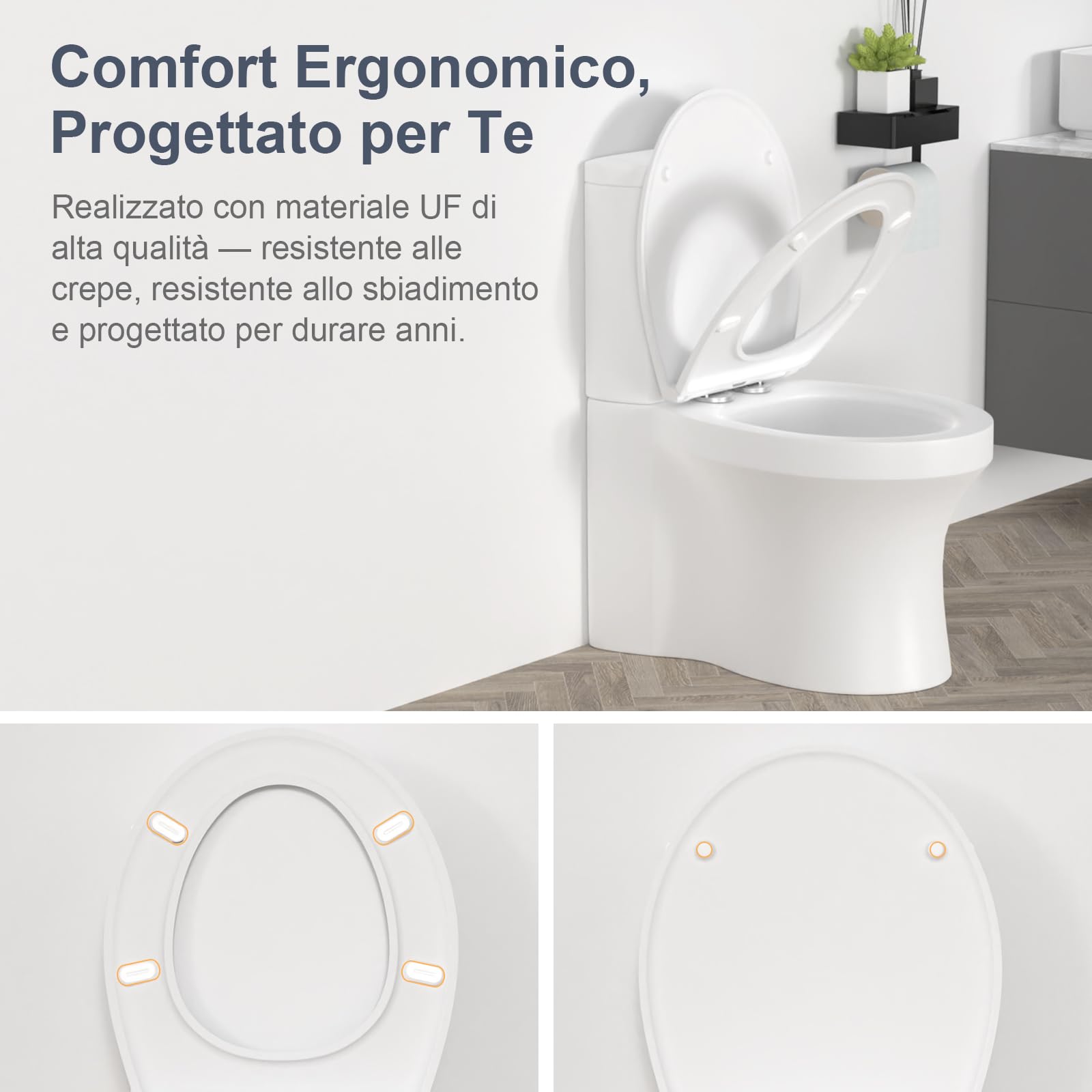 SURFOU Tavoletta WC con Chiusura Ammortizzata, Duroplast di Alta Qualità, Forma a O, Sgancio Rapido per Facile Pulizia, Supporta fino a 200 kg, con Gancetti in Gomma per Fissaggio Stabile