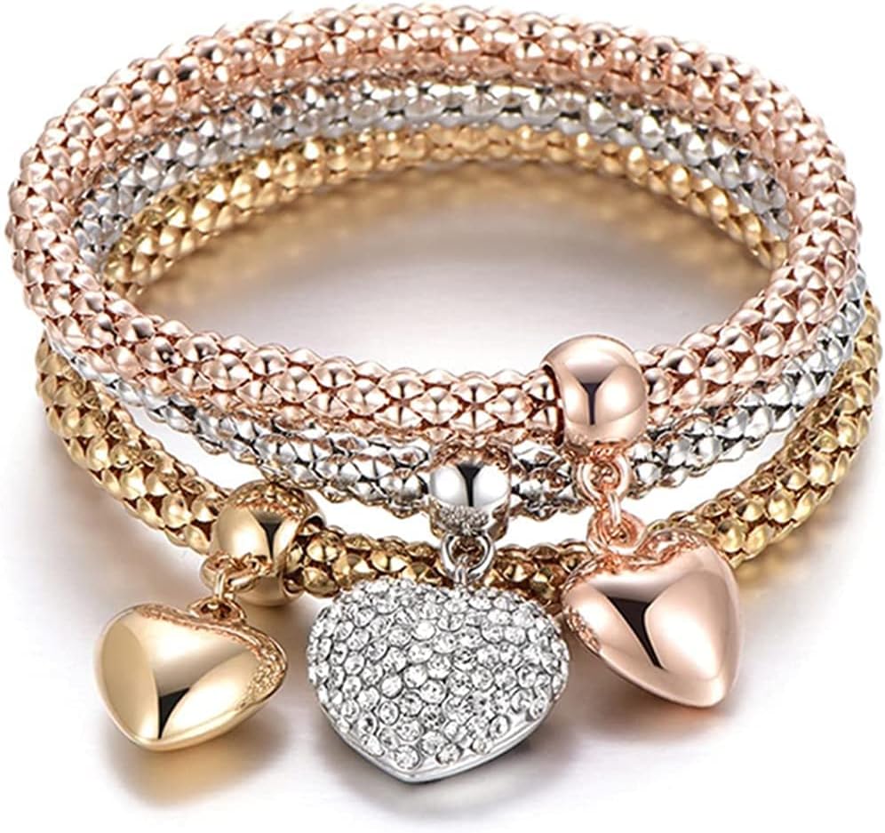 Multilayer Bracelets, KASTWAVE Crystal Charms Multilayer Bracelets, 3PCS Gold/Silver/Rose Gold Corn Chain Bracelet for Women, Tree of Life Heart Shaped Stretch Bracelet, One Size