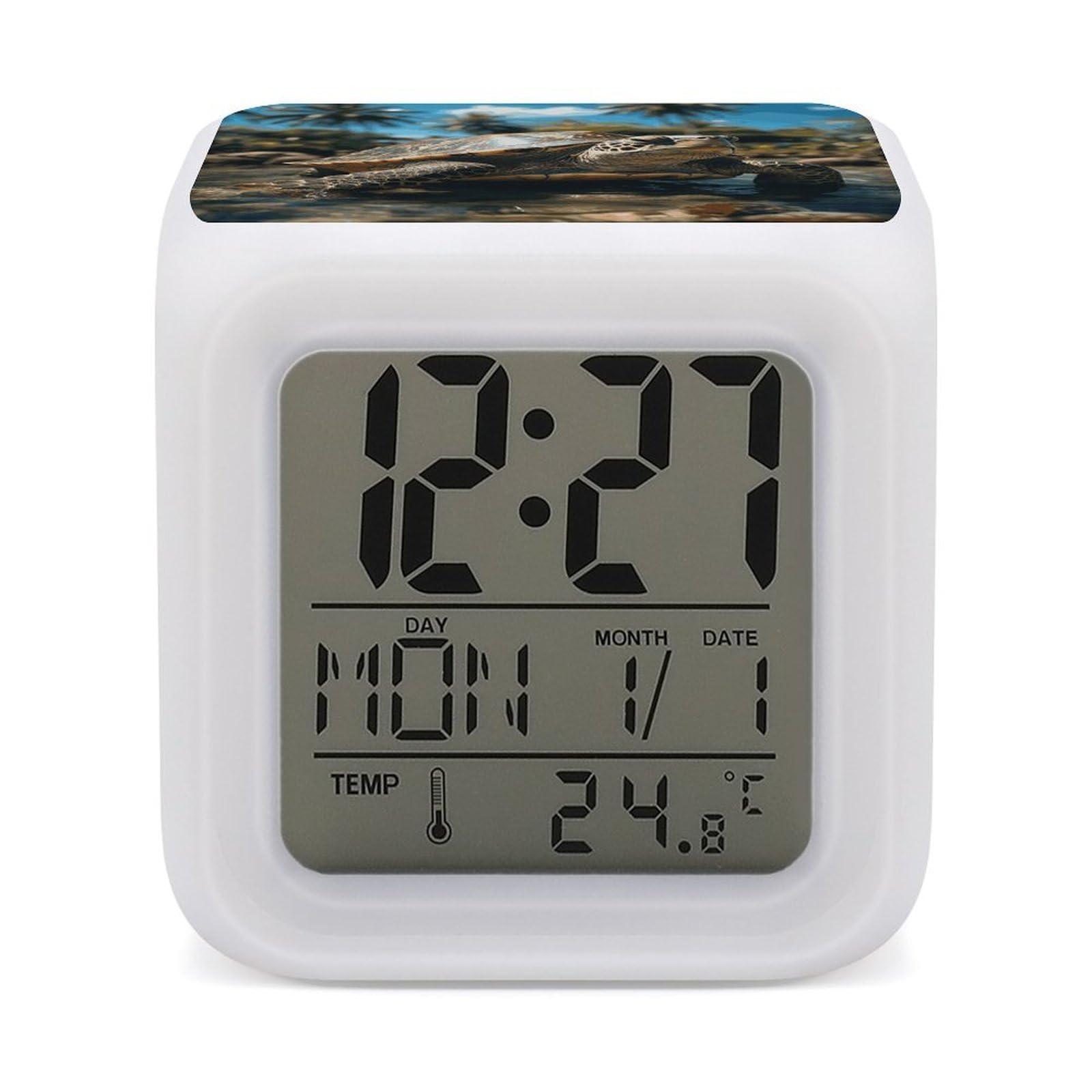 JTREHY Big Turtle and Palm Trees Alarm Clock Digital Dimmable Clock for Bedroom LED Display Screen Mini Clocks 7 Color Dimmable Night Lights Time-to-Rise Alarm Clocks for Office Living Room