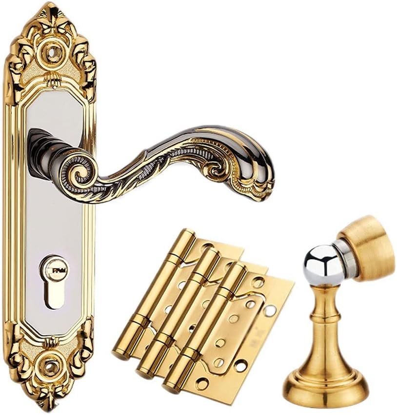 Door Knob Lever Retro Carved Door Lock Door Levers Single Lock Door Handle with Key for Bedroom Bathroom Study Room Hallway Door Lock with Handle (Color : Gold+3 Pack sub-Hinge)