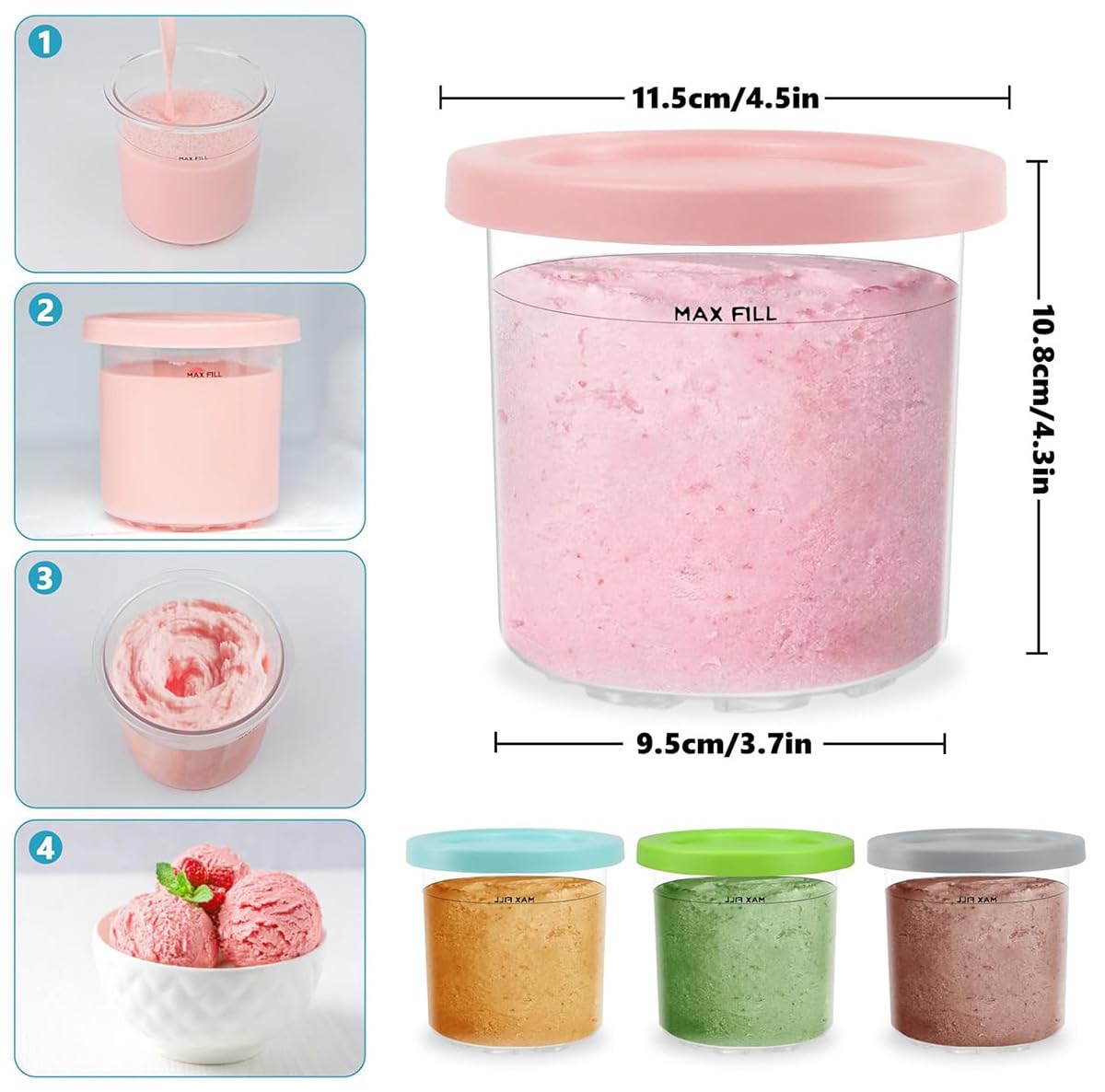 4er Set Eiscreme Becher mit Deckel, 16oz Wiederverwendbare Behälter passend zu NC300EU/NC301EU/NC299AMZ, BPA-frei, Spülmaschinenfest, Auslaufsicher, Farbige Deckel