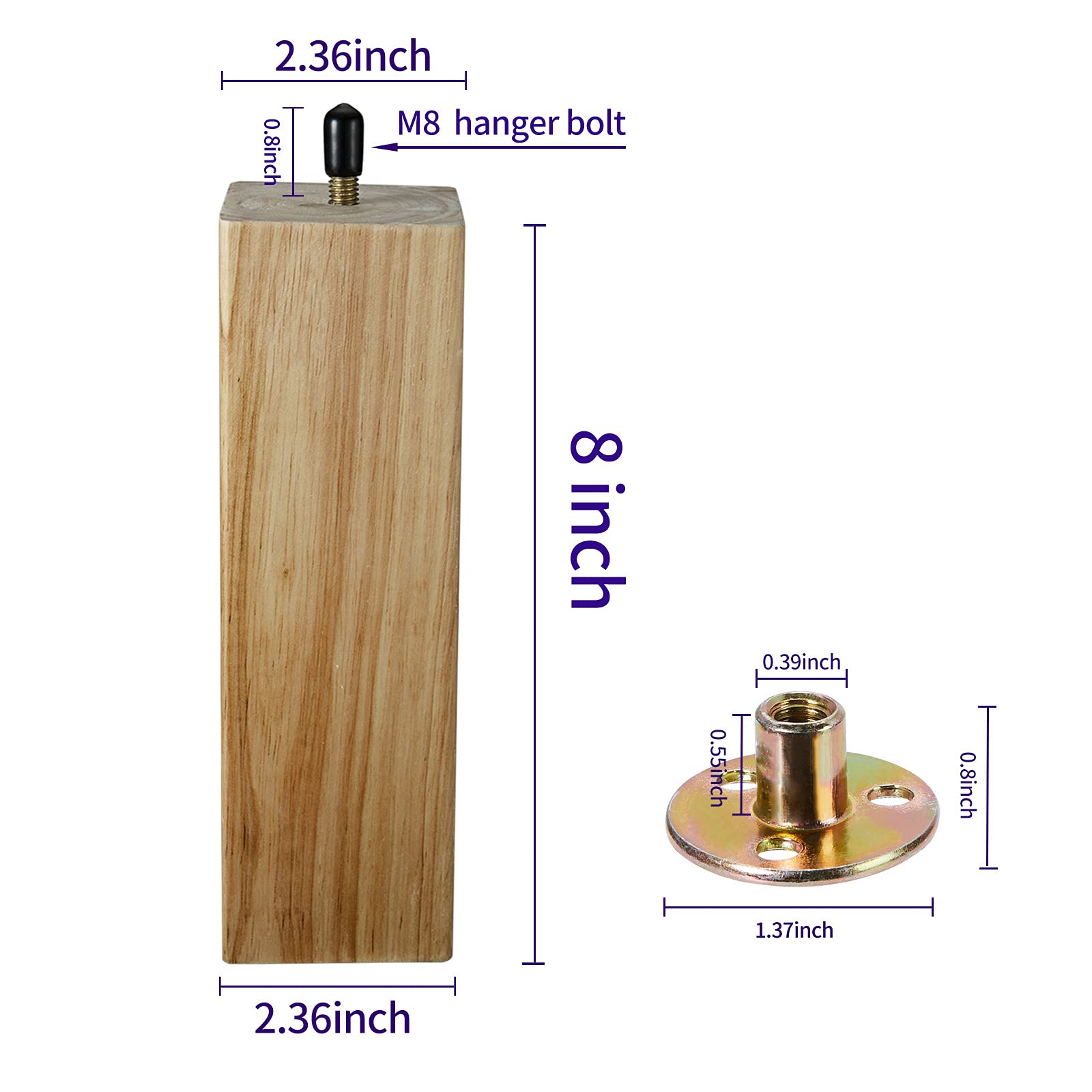 HANMFEI Solid Wood Furniture Legs, Square Couch Legs Sets of 4, Mid-Century Sofa Legs Replacement for Couch Sofa Dresser Chair Any More Furniture, 3/4/5/6/8-In, with Mounting Attachment Plates (8in)