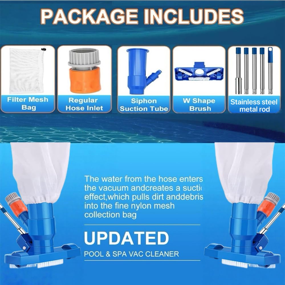 Poolsauger Bodensauger mit Teleskopstange 180cm, Pool Reinigung Bodensauger Set, Staubsauger Unterwasser mit Laubsack, Pool Sauger Boden, Pool Staubsauger, für Schwimmbad, Teich, Whirlpool, Bad