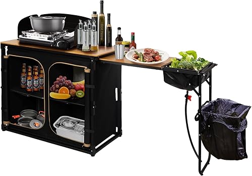 Miniatura 10 de KingCamp Mesa de cocina plegable de bambú natural, mesa portátil multifuncional de aluminio de gran tamaño con poste de linterna, ganchos laterales,