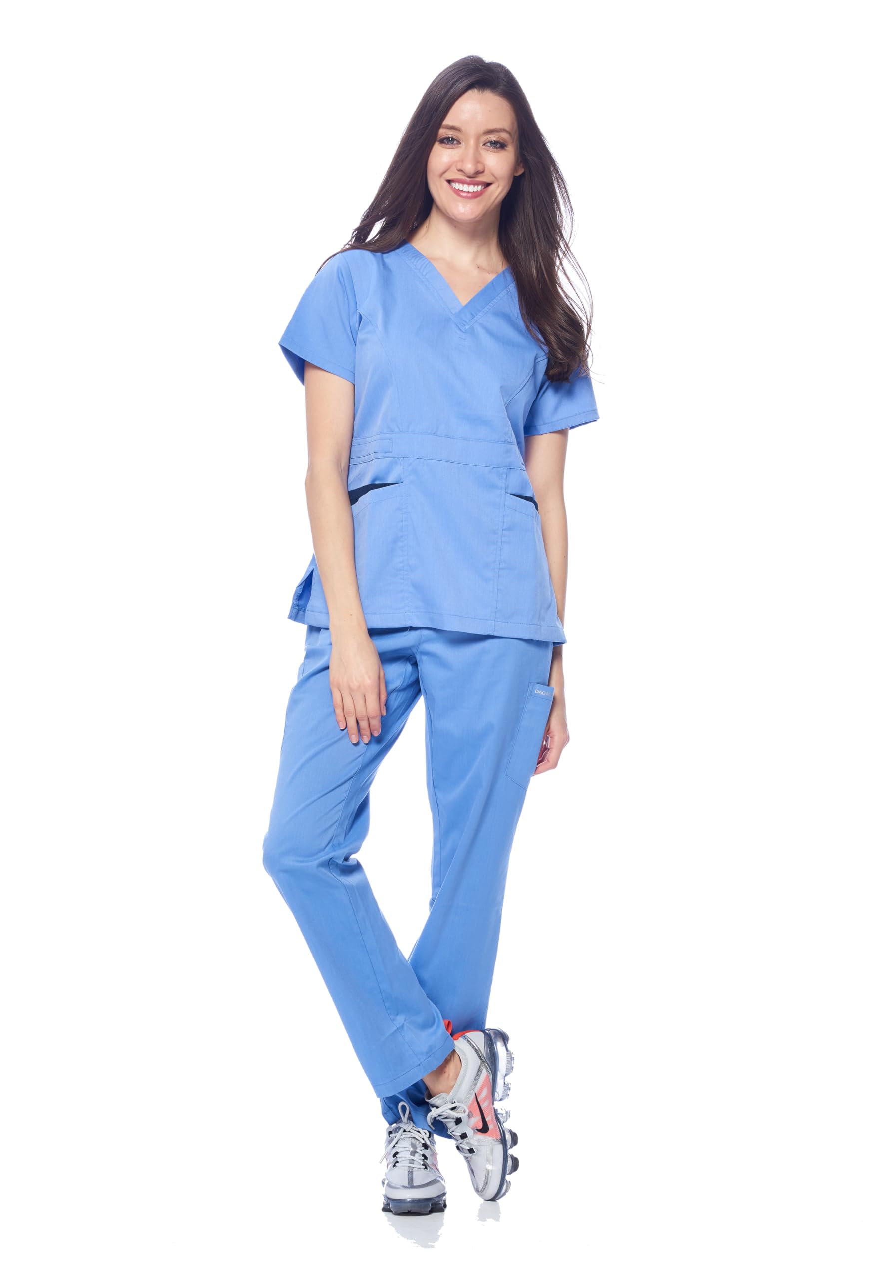 Dagacci Medical Uniform Women's Ceil Blue Scrubs Set Stretch Ultra Soft Contrast Pocket, Xxs