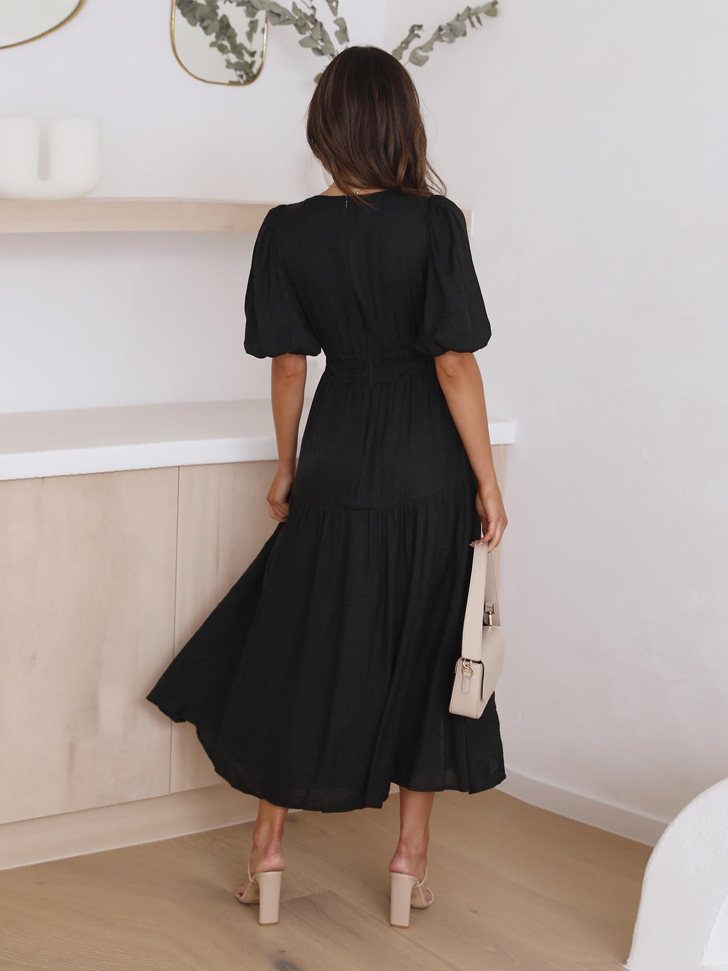 MessBebe Damen Sommer V-Ausschnitt Puff Sleeve Casual Kleider Solid Midi Kleid Rüschen Strandkleid