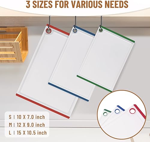 Miniatura 9 de Juego de tablas de cortar de plástico para cocina, juego de 3 tablas de cortar grandes aptas para lavavajillas con patas antideslizantes y ranuras