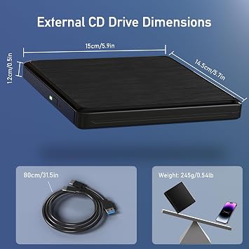 CD Drive for Laptop, DVD Drive USB External with Extended Data Cable