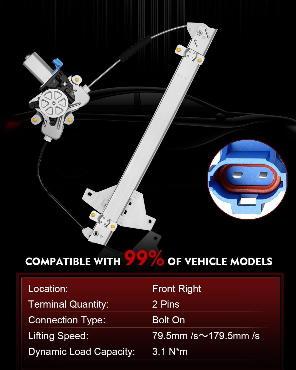 Front Right Passenger Side Power Window Regulator with Motor for:-Hyundai Sonata 1999-2005, for:-Kia Optima 2002-2006 Magentis 2005-2006, 2Pins Connector Replace# 82404-38010 741-101