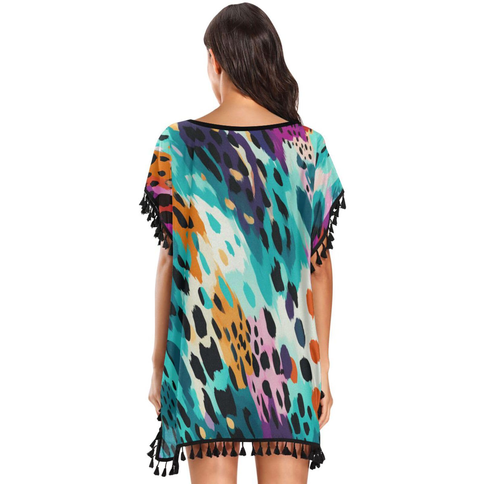 Leopard Abstract Dots Art Women's Beach Cover Up Chiffon Tassel Swimwear Swimsuit Coverups for Girl