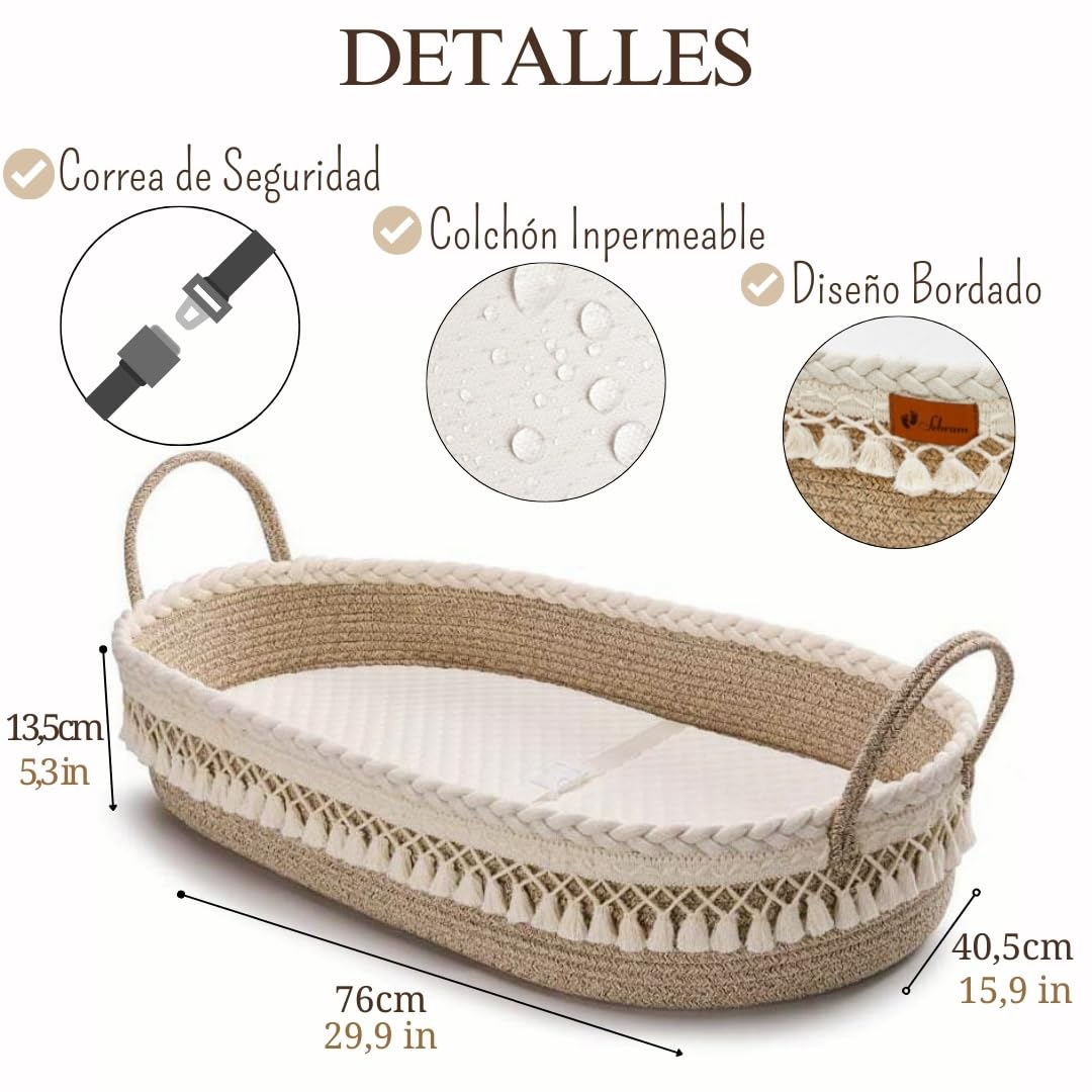 SEBRAM Cesta Cambiador Bebé + Colchón cambiador Impermeable limpieza rápida suave y acolchado - Cambiador de pañales Portátil y Plegable con Bolsa de Viaje | Diseño Elegante Boho (Beige)