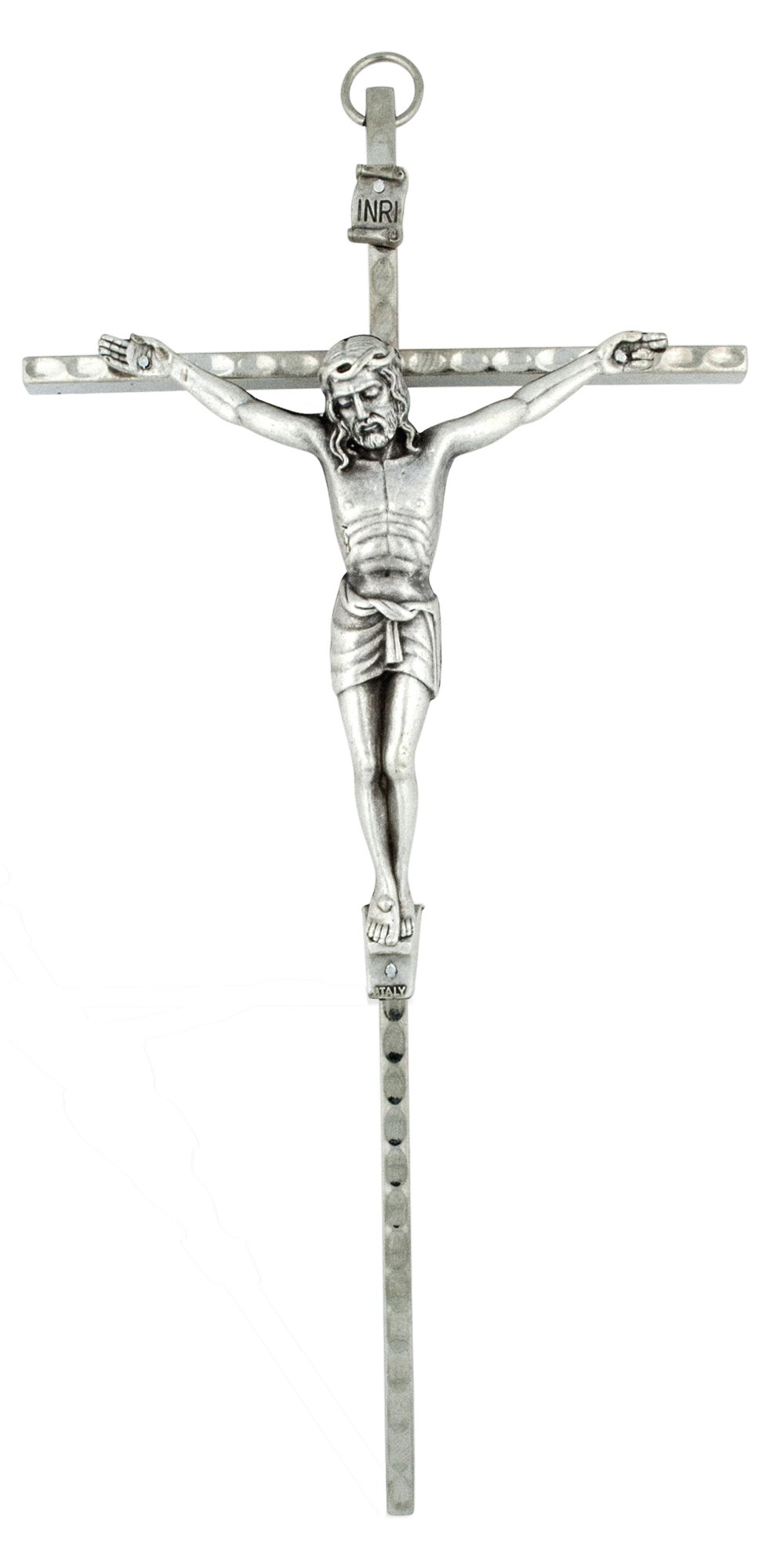 Crucifijo de pared martillado Venerare, arte sacro de acabado plateado exclusivo