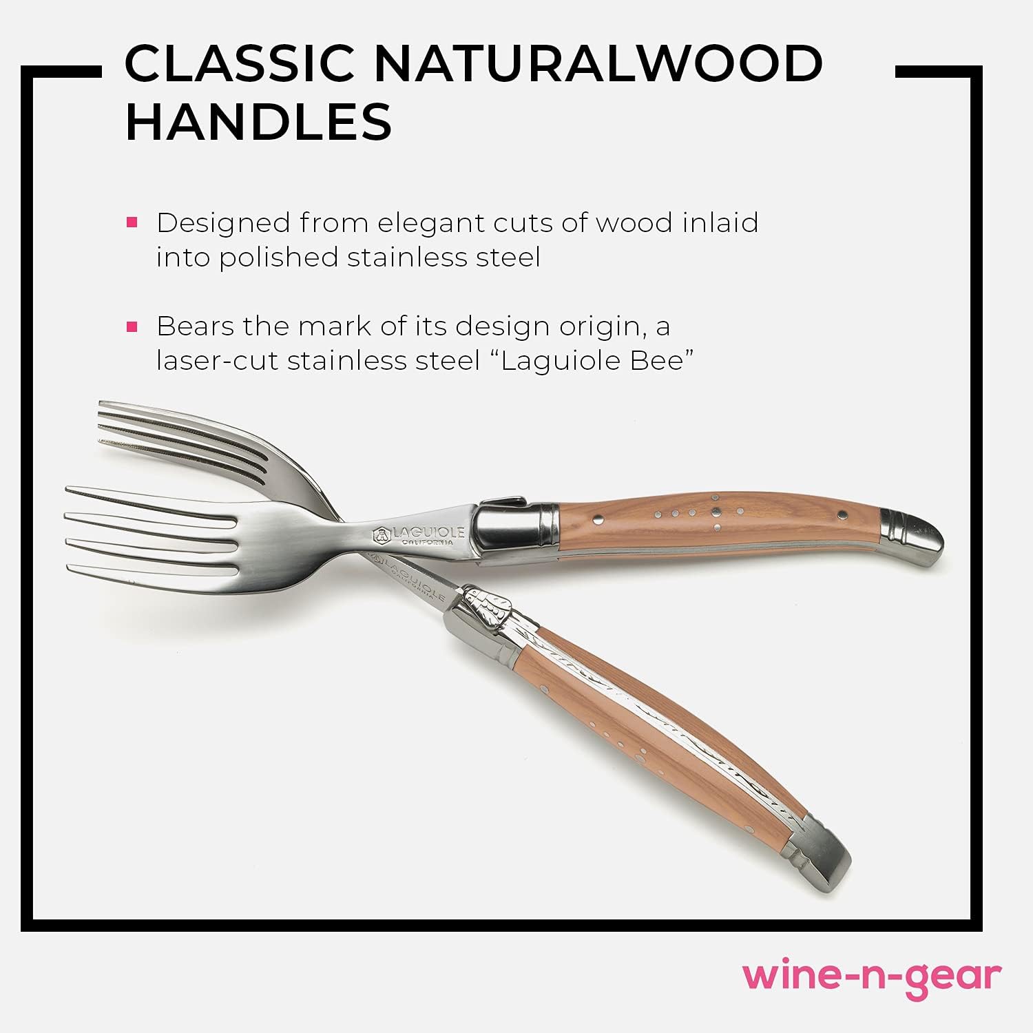 Fork Set - 6 Piece Naturalwood Set - Ergonomic Handles - Stored in a California Oakwood Gift Box - Stainless Steel - Kitchen and Dinnerware