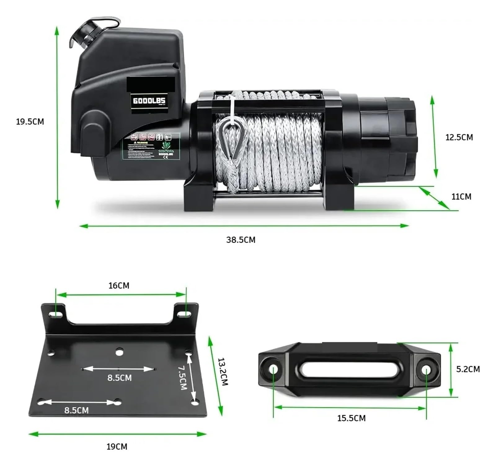 Paranco Elettrico, Verricello elettrico 12 V 6000 libbre for rimorchio for barche con cavo sintetico remoto da 1/4 di pollice x 55 piedi, gancio, interruttore manubrio wireless