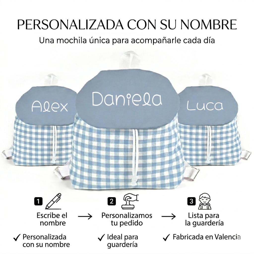 Mochila Infantil Personalizada con Nombre | Mochila Bebé para Guardería y Colegio | Mochila Vichy de Algodón con Solapa y Cordón Ajustable | Hecha en España