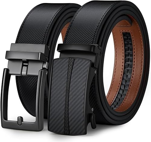Business Genuine Leather Ratchet Belt for Men: Dress & Casual, Trim-to-Fit, Gift Box Included. (Black10+black14,42"-45" Waist Adjustable)