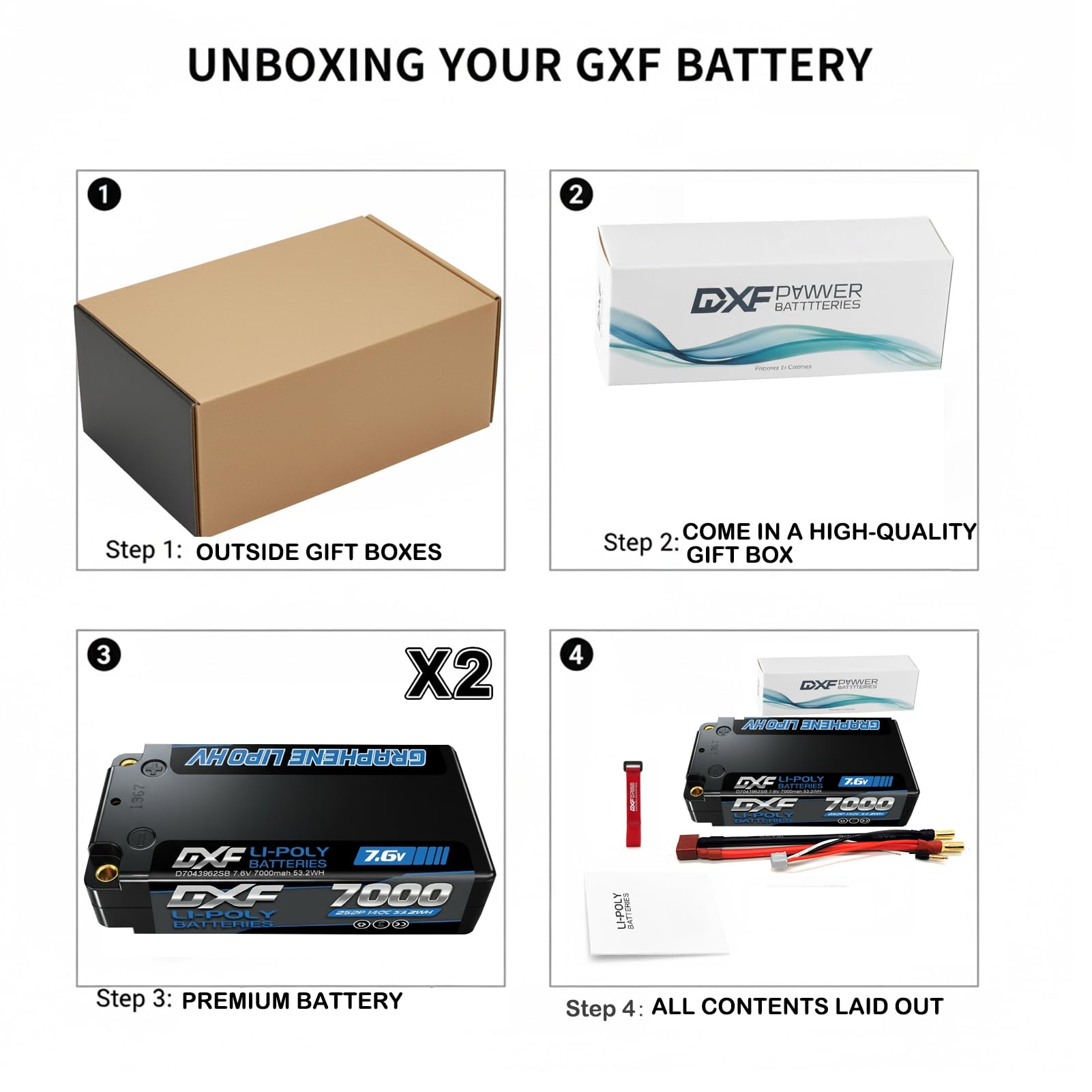 DXF Batería LiPo HV 2S 7.6V 7000mAh 140C con Conector 5mm Bullet a Deans-T para Coches RC 1/8 1/10- Potencia Sin Límites - Pack de 2 Unidades
