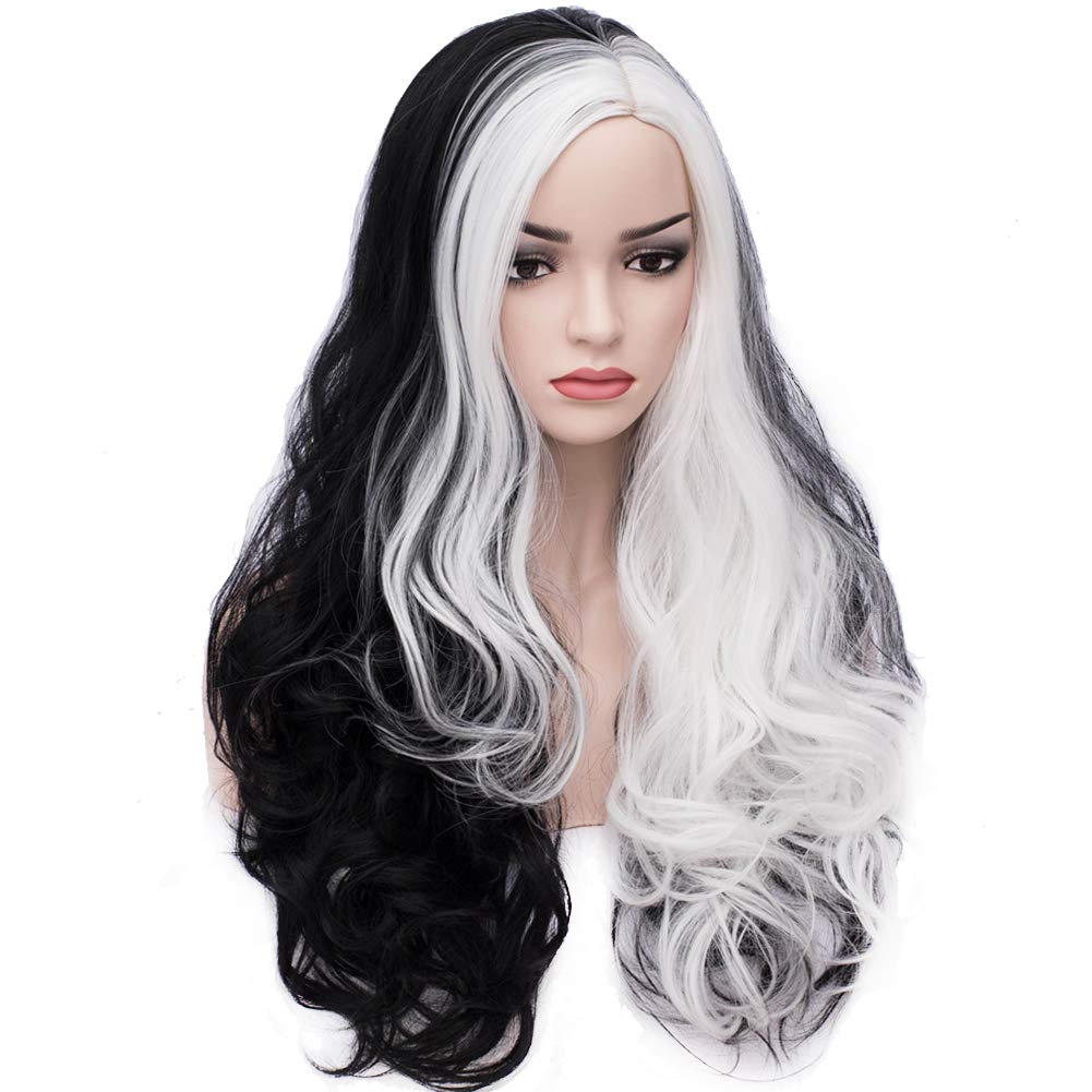 BERON Black White Wig Long Wavy Black White Split Wigs for Women Girls Cosplay Party Hairnet Include
