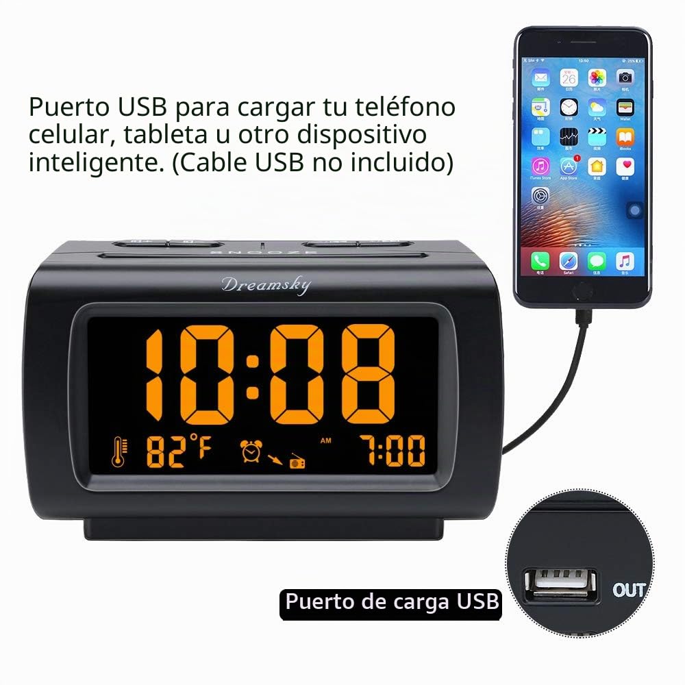 DreamSky Reloj despertador con radio FM, puerto USB para carga