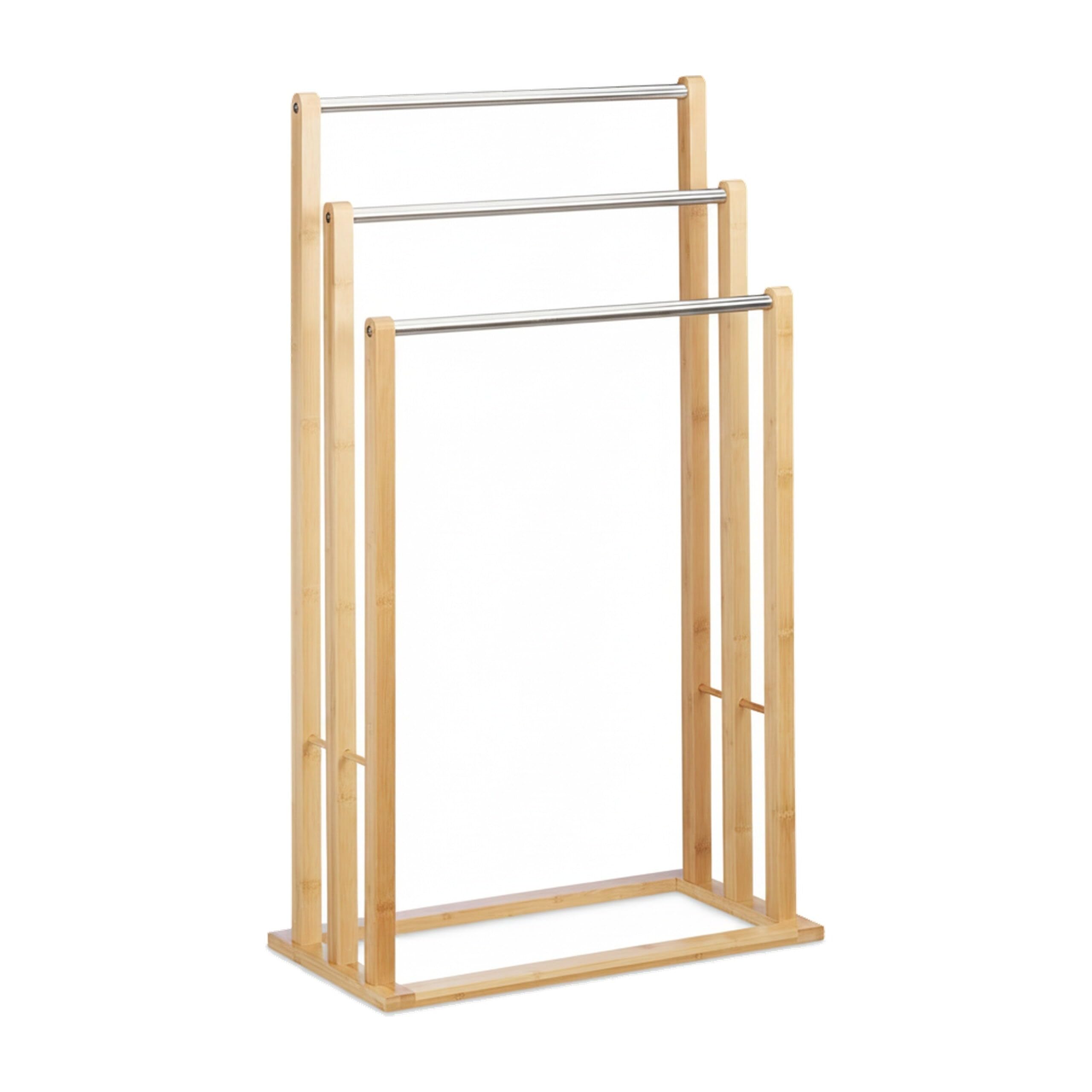 Relaxdays 10020983 Porte-serviettes sur pied 3 bras salle de bain bambou support valet serviteur HxlxP: 84 x 48 x 26 cm, nature