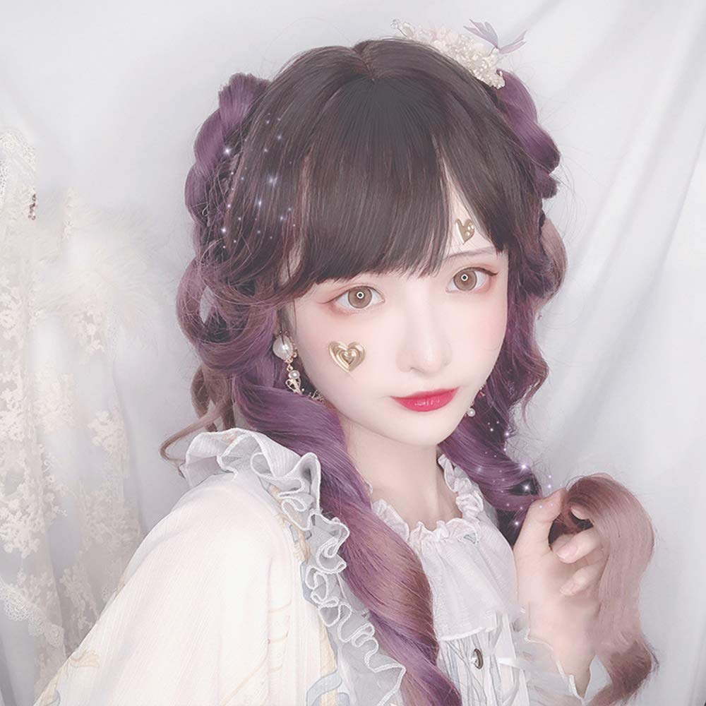 Long curly hair lolita Natural net Red lo Purple gradient girl daily realistic lo fake fur 65cm (Purple gradient)