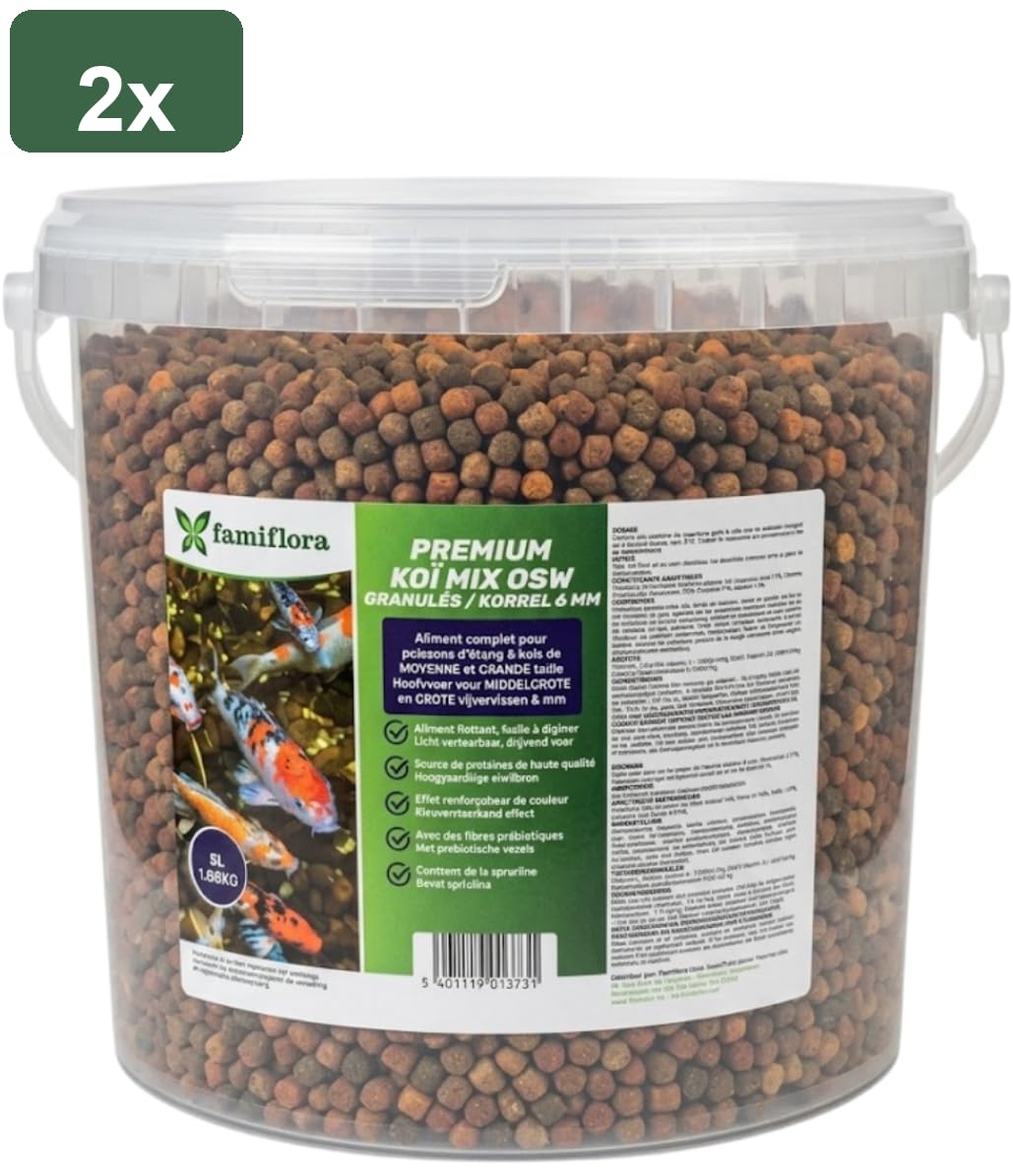 Koi Mix OSW Nourriture pour poisson koi - 2 x 5 L (=10 L / 3,36 KG) - Grain de 6 mm - Nourriture koi de qualité supérieure - Avec astaxanthine pour des couleurs intenses - Favorise une