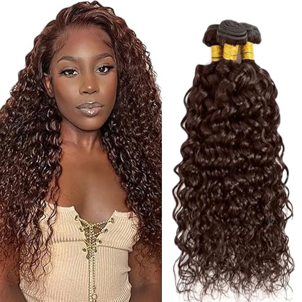 Water Wave Human Hair Bundles Chocolate Brown 22 24 26 Inch Color 4# Bundle Human Hair Extensions 50 Gram Per Bundle 150g Total Unprocessed Brazilian Virgin Hair