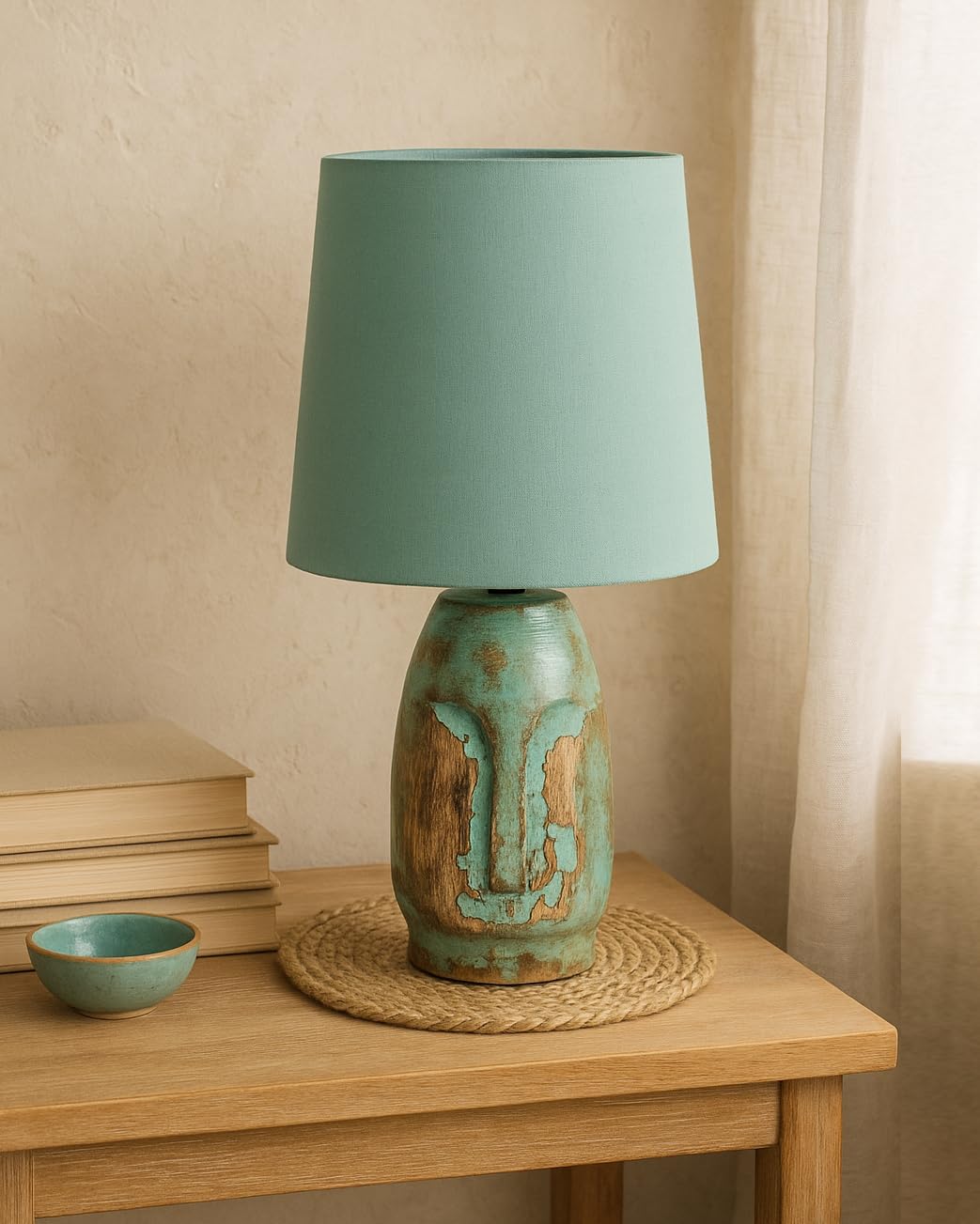 Homesake Small Table Lamp for Bedroom Living Room Simple Retro Wood Grain Farmhouse Bedside Lamps Suitable for Nightstand, Gift, Teardrop, (Green, incandescent)-image-12