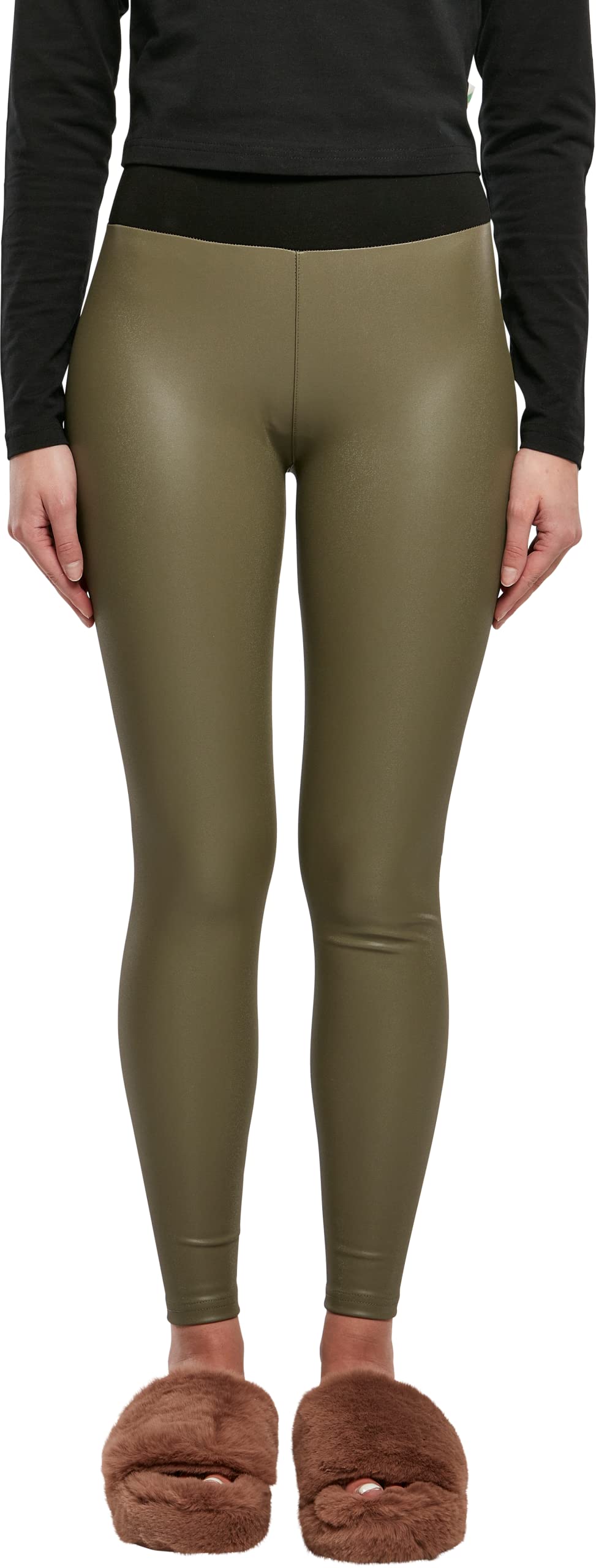 Urban Classics Women's Leggings with High Waist-Ladies Faux Leather Treggins Yoga Pants, Olive, XXXL