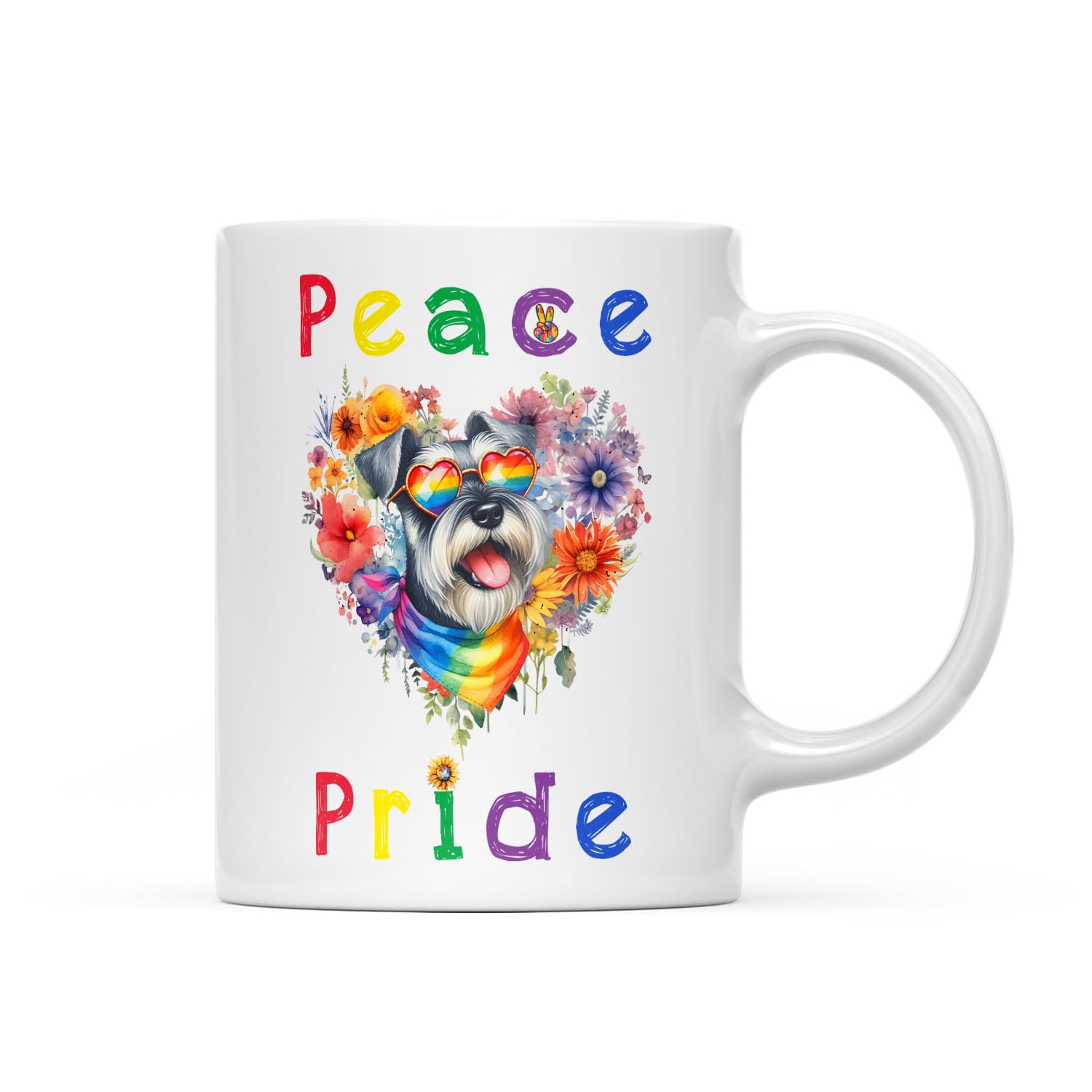 Ninety3POD Peace Love Pride Schnauzer with Rainbow Sunglasses LGBT LGBTQ+ White Mug Miniature Schnauzer Dog Lover Gifts Idea Coffee Tea Cup - 004