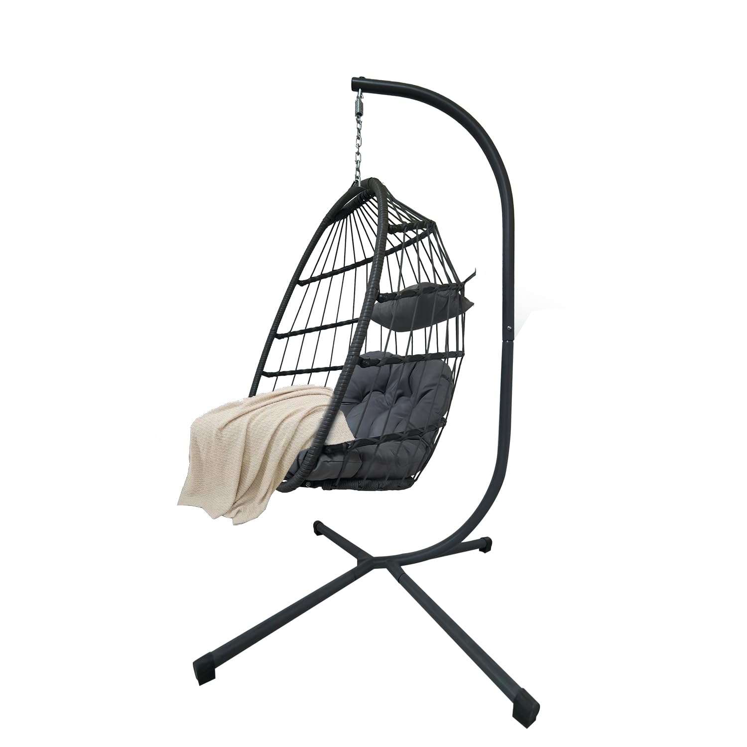 Swing Chairs,Egg Chair Rattan Hanging with Cushion, Foldable Egg Chairs Outdoor Indoor, Garden Patio Hammock Chair with Stand & Adjustable Height, upto 130 Kg Weight Capacity (Grey)